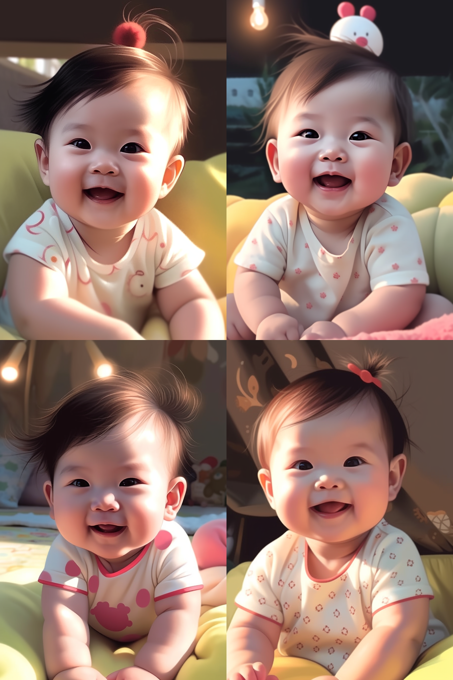 可爱小女婴儿在房间里，温馨氛围，柔和光线，俯视角度，粉色装饰，笑容灿烂，肖像模式，浅景深，抓拍，纯真，幸福。