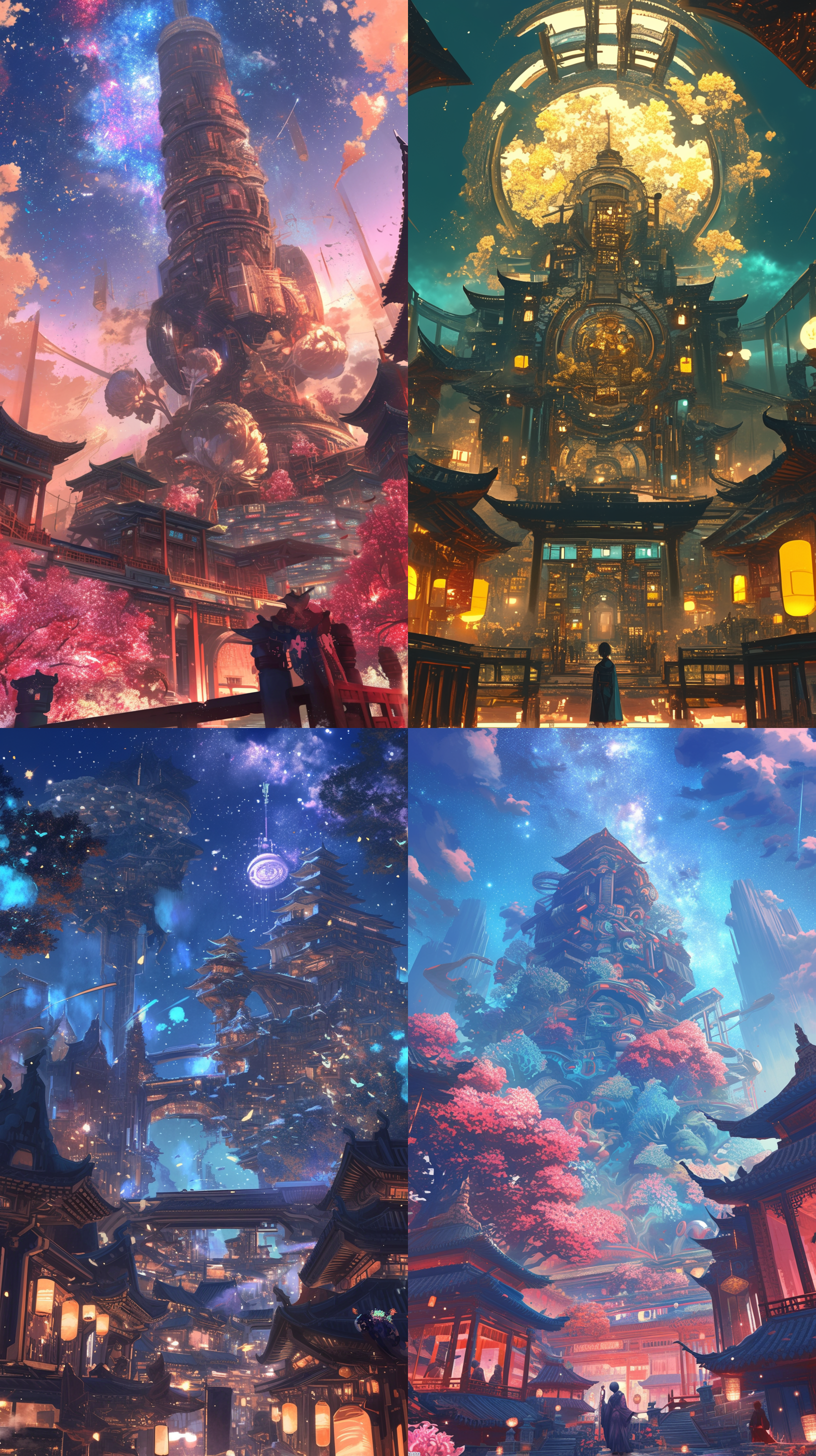 大片菊花星空绽放, 中式建筑背景, 宏大构图展现美景, 赛博朋克风格, 正视图, 超高清细节, 科幻机械, 神秘色调, 壮丽光影, 沉浸感, 美丽细节。