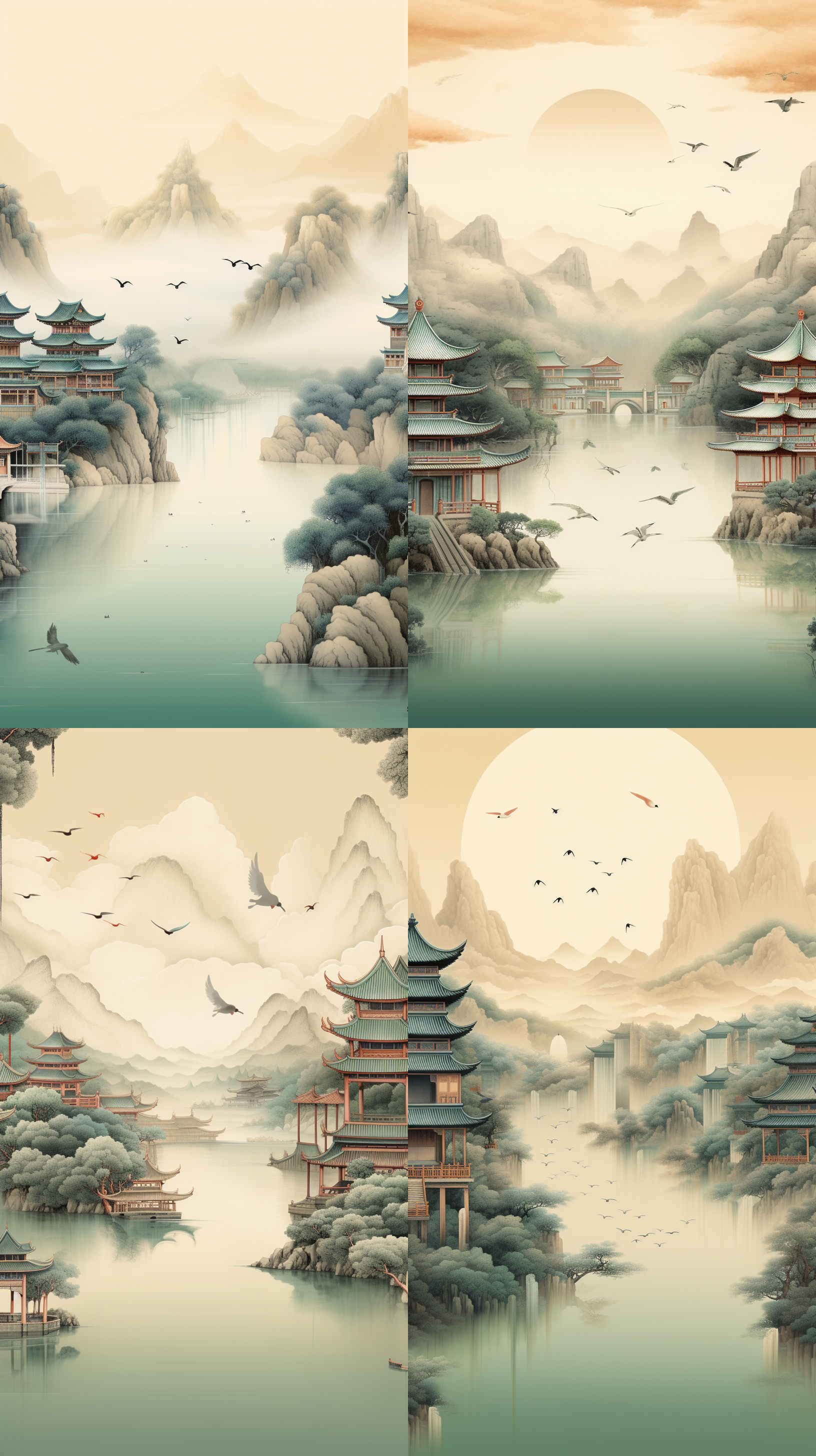 山川河流，亭台楼阁，近景是中式菜肴，若隐若现，东方浪漫主义风格, 水墨画效果, 鸟瞰视角, 柔和光线, 静态, 柔和色调, 情感丰富。