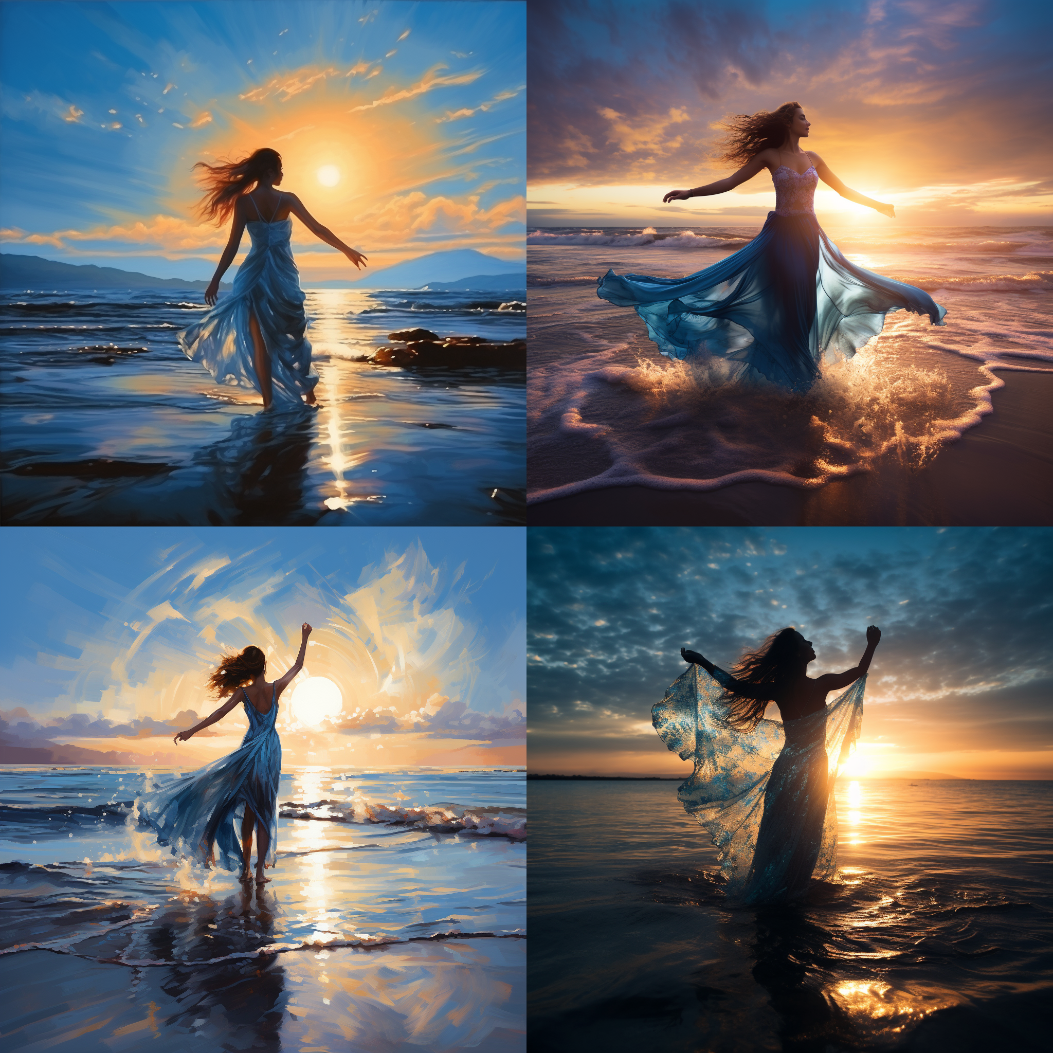 夕阳西下，站在海滩浪中，背光，全身，高举双手比耶，蓝色连衣裙，黑色高马尾少女，静静站着，笑靥如花