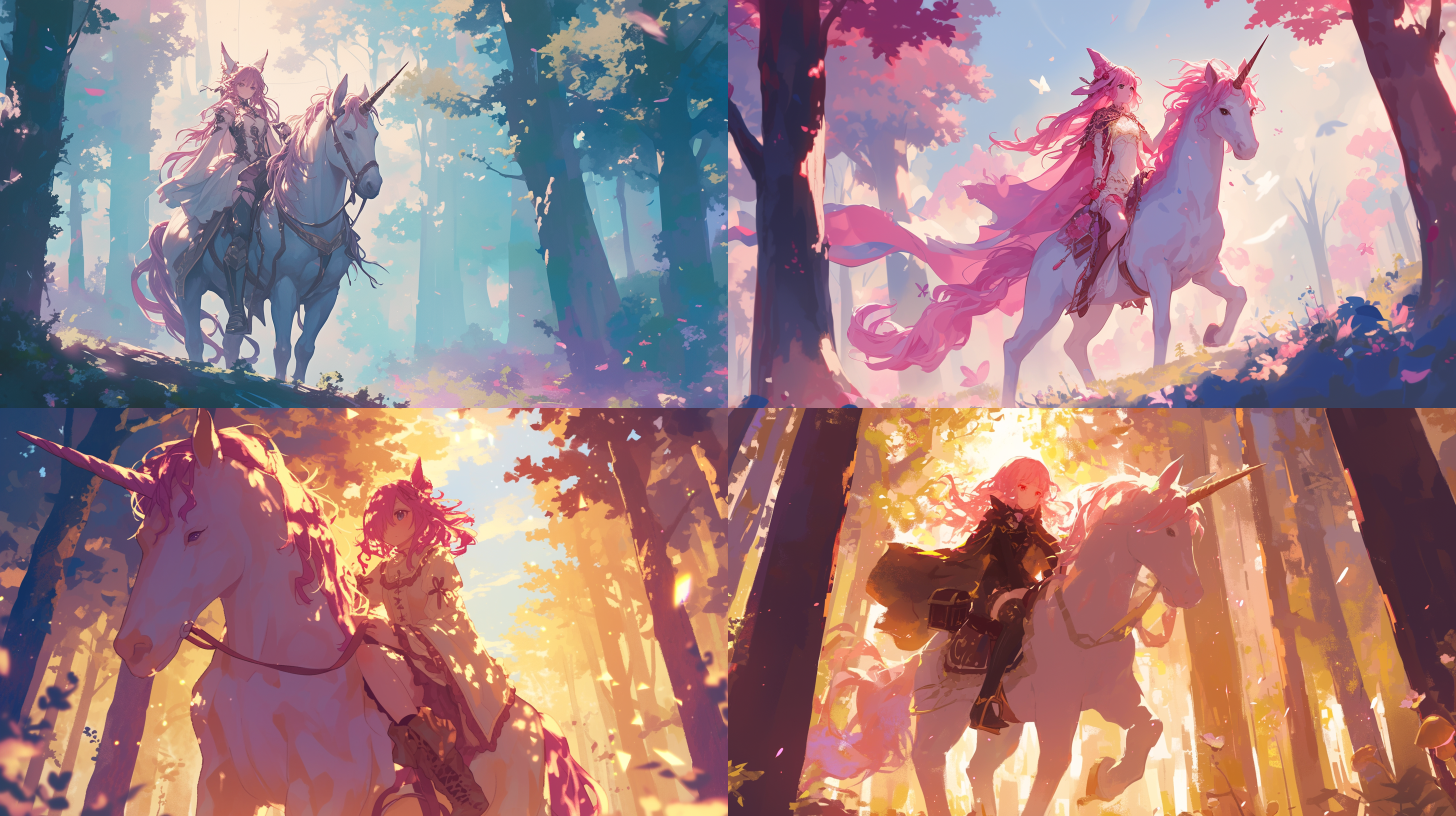 粉色头发魔女骑着独角兽，梦幻仙境，神秘光影，动漫插画风格，独角兽，森林中，柔和色调，广角镜头，逆光，梦幻氛围。