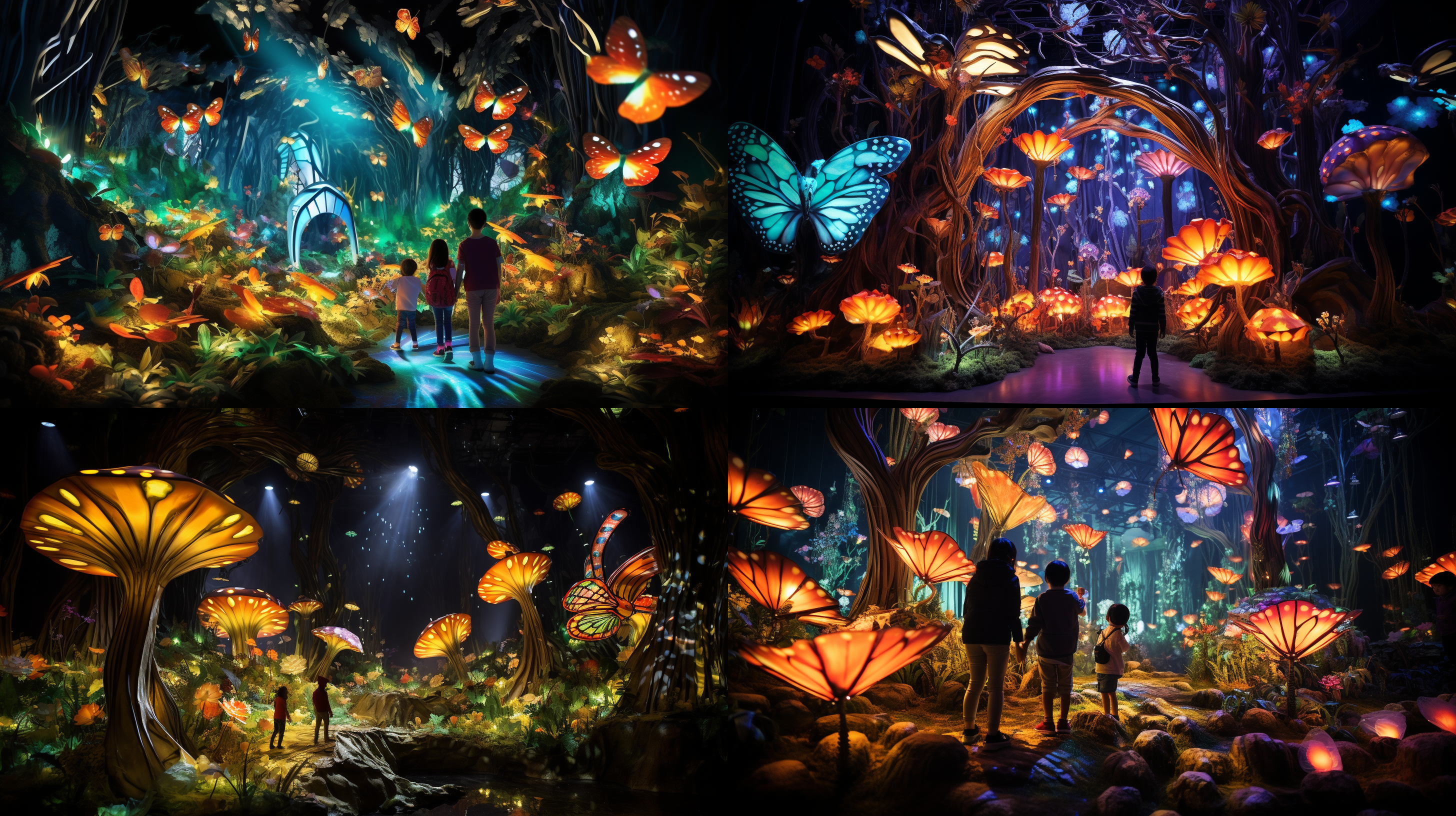 奇幻森林灯光秀，与孩子互动，夜间森林动物，蝴蝶、萤火虫、猫头鹰，明亮雕塑风格，植物丰富，节日气氛，特定地点作品，白色、橙色灯光，多彩，北极光朋克，霓虹灯，环境设计，高对比度，宽广角镜头，柔和侧光，欢快互动，神秘情感。