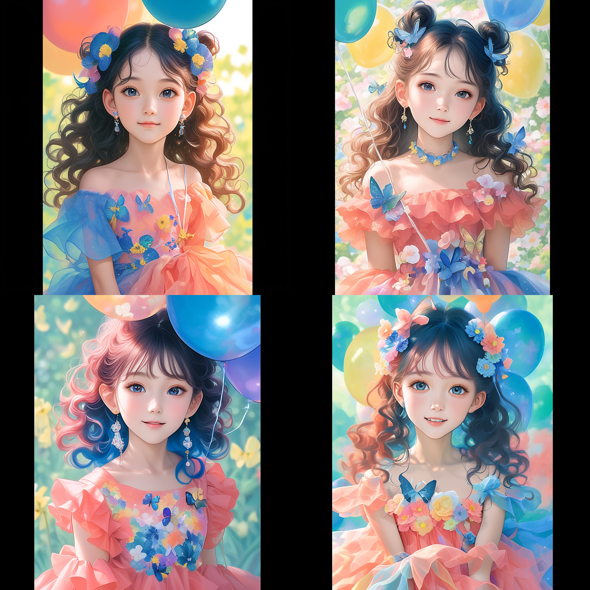 可爱的女孩，穿着粉色连衣裙，拥有大眼睛和长卷发，正在笑着拿着一个气球。背景是一个花园，充满了鲜花和绿色植物。照片采用了明亮的色彩和柔和的光线，给人一种温馨而轻松的感觉。动漫质感，竖向构图，柔光，浅景深，自然动作，甜美，欢乐。