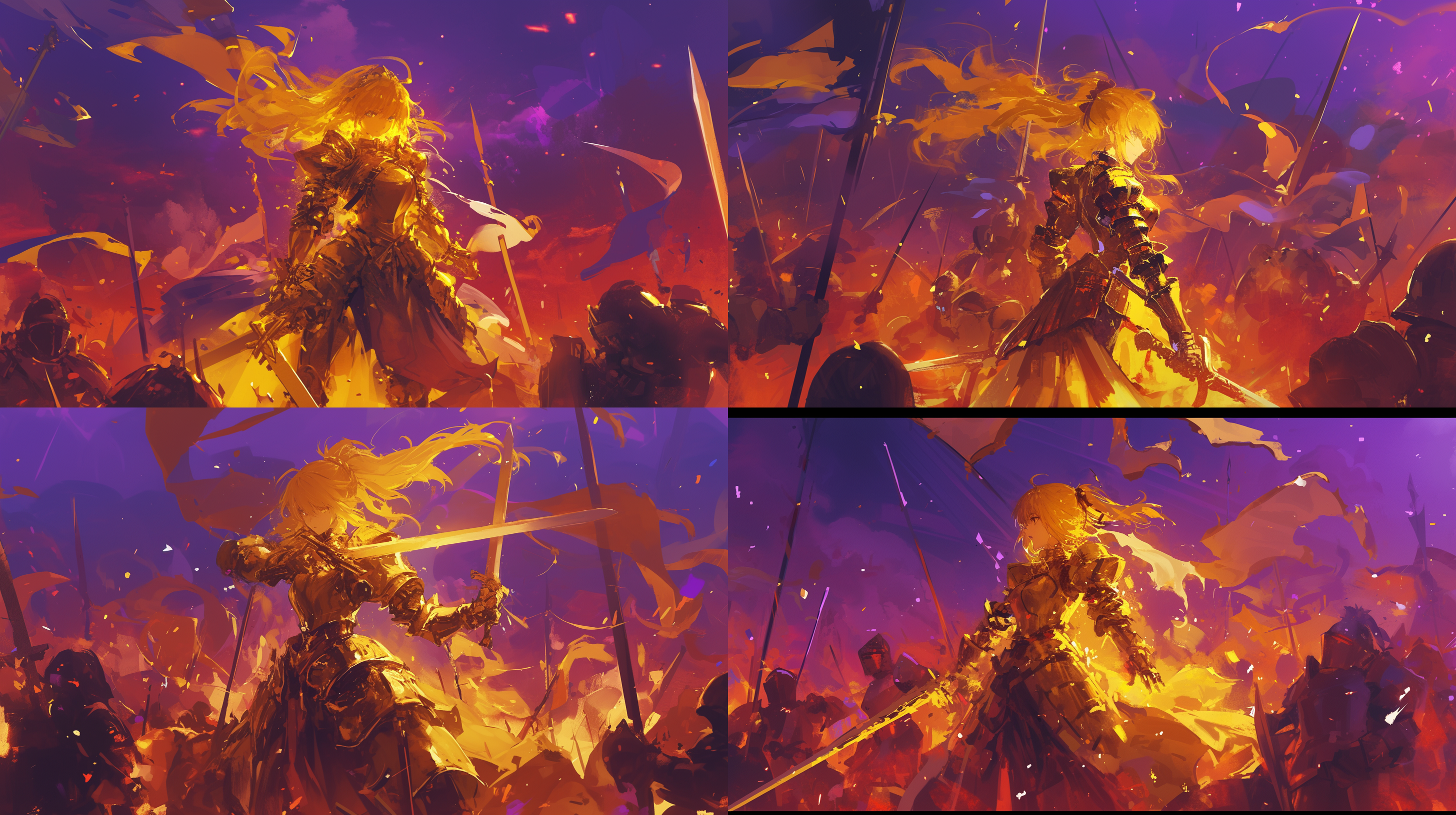 女孩金色铠甲，天堂环境，敌人包围，霓虹灯光背景，中心构图，暗黑风格，长焦镜头，高光对比，战斗动作，金色调，坚定表情，紧张情绪。