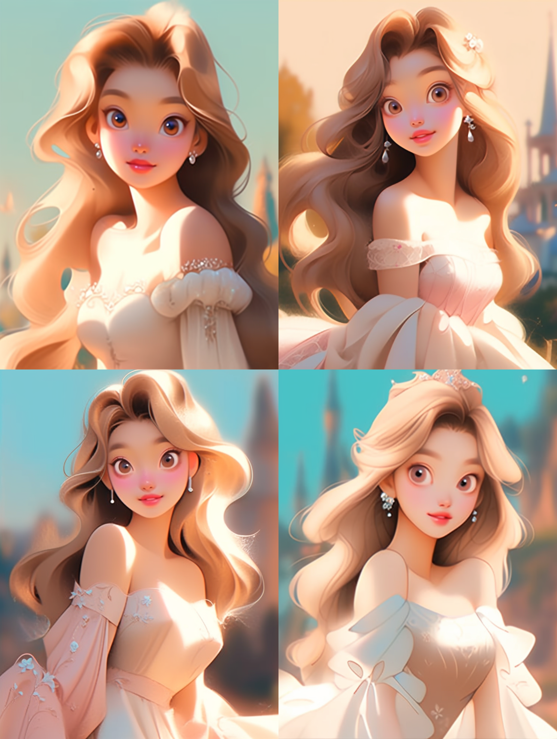 公主穿着华丽的礼服，戴着皇冠，站在梦幻的城堡前，微笑着向镜头望去。整个画面布局对称，色彩鲜明，充满童话般的氛围。背景是绿树蓝天，阳光洒在公主身上，给人一种温暖和快乐的感觉。迪士尼公主，华丽礼服，皇冠，城堡，微笑，对称，童话般，绿树蓝天，阳光洒落，温暖快乐。