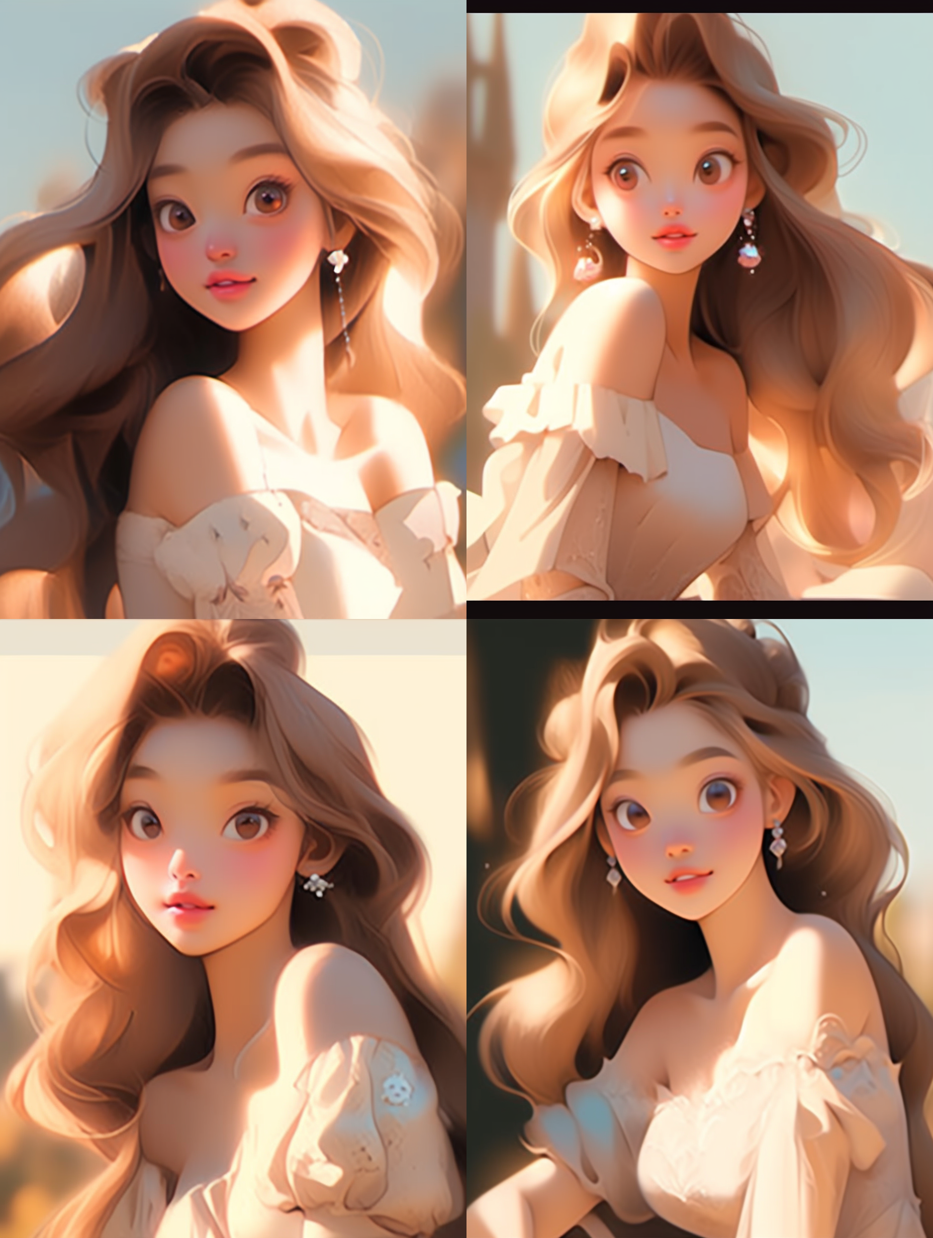 公主穿着华丽的礼服，戴着皇冠，站在梦幻的城堡前，微笑着向镜头望去。整个画面布局对称，色彩鲜明，充满童话般的氛围。背景是绿树蓝天，阳光洒在公主身上，给人一种温暖和快乐的感觉。迪士尼公主，华丽礼服，皇冠，城堡，微笑，对称，童话般，绿树蓝天，阳光洒落，温暖快乐。