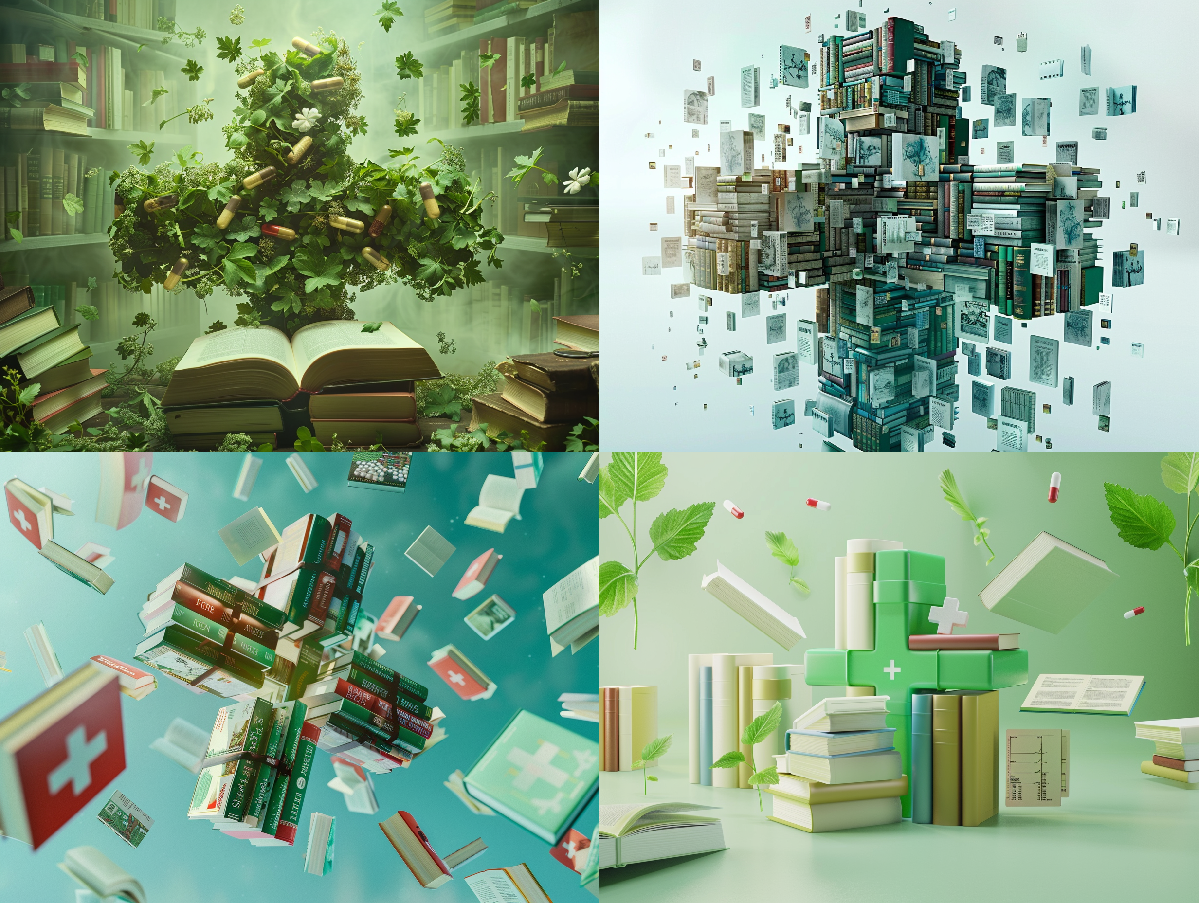 主体由很多本书组成一个医疗十字，周围漂浮着几本书籍，水平视线，画面简单干净，专业的透视，广告海报，绿色主调，画面呈现清新亮丽、轻松无害、专业医疗的感觉。