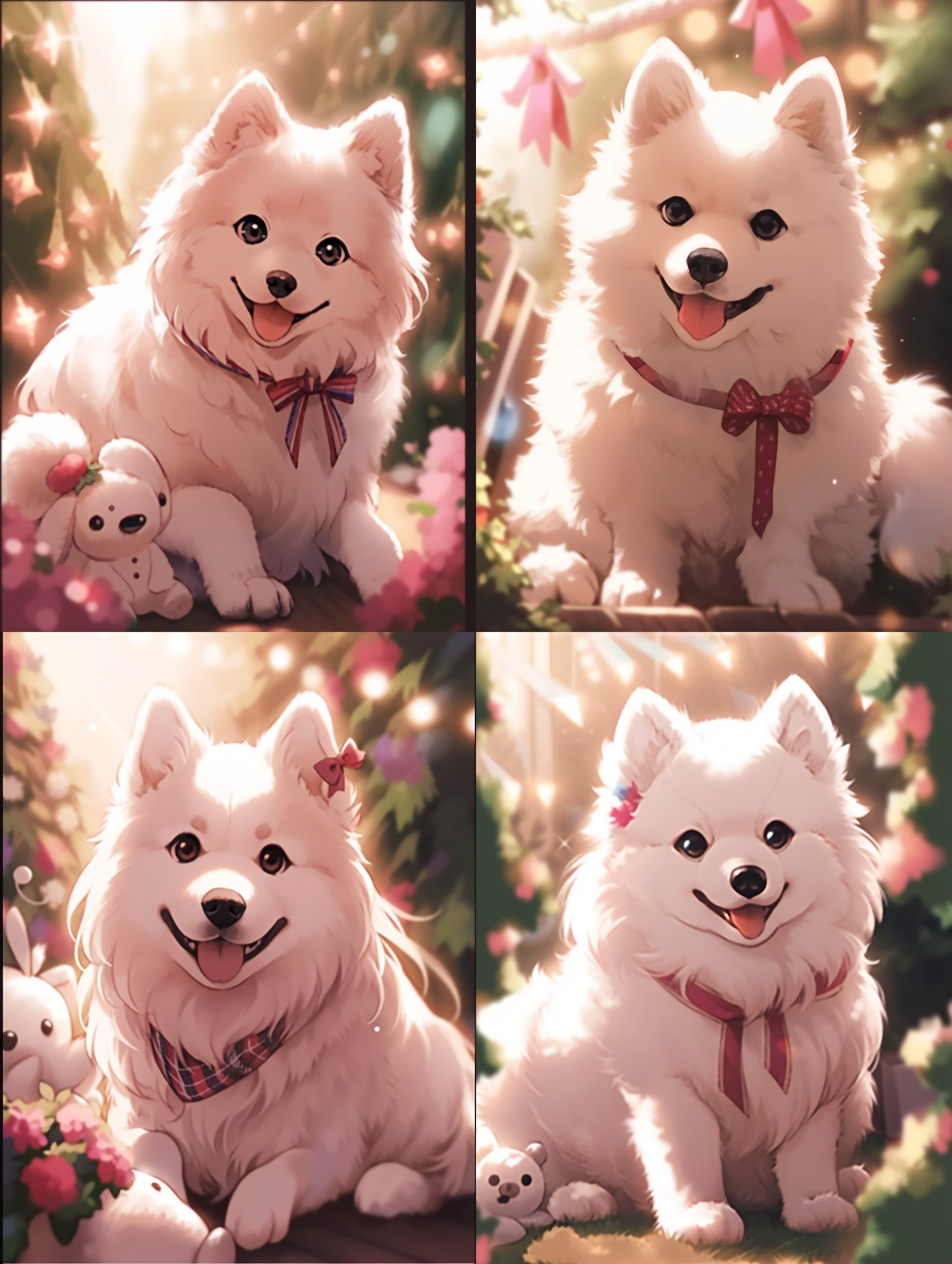 可爱萌宠，穿着粉色蝴蝶结，坐在花园里，阳光下微笑，蓬松毛发，大眼睛，自然风格，中焦镜头，自然光，静态，温暖色调，喜悦。