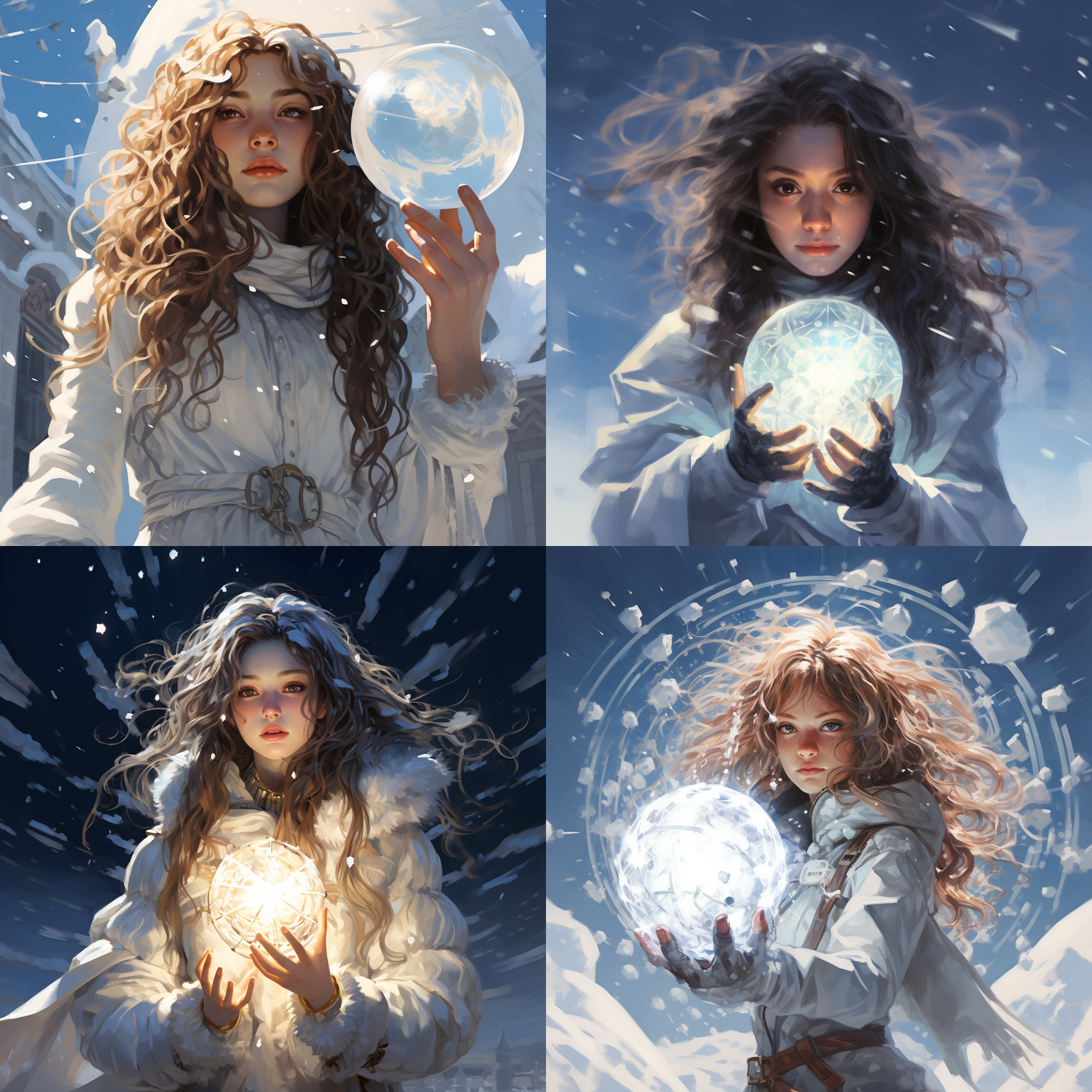 雪花漫天，身穿白色战衣一头飘逸秀发眼睛黑亮有光，嘴角冷笑的女孩手持发光能量球悬浮在空中，能量控制着风雪，光线柔和