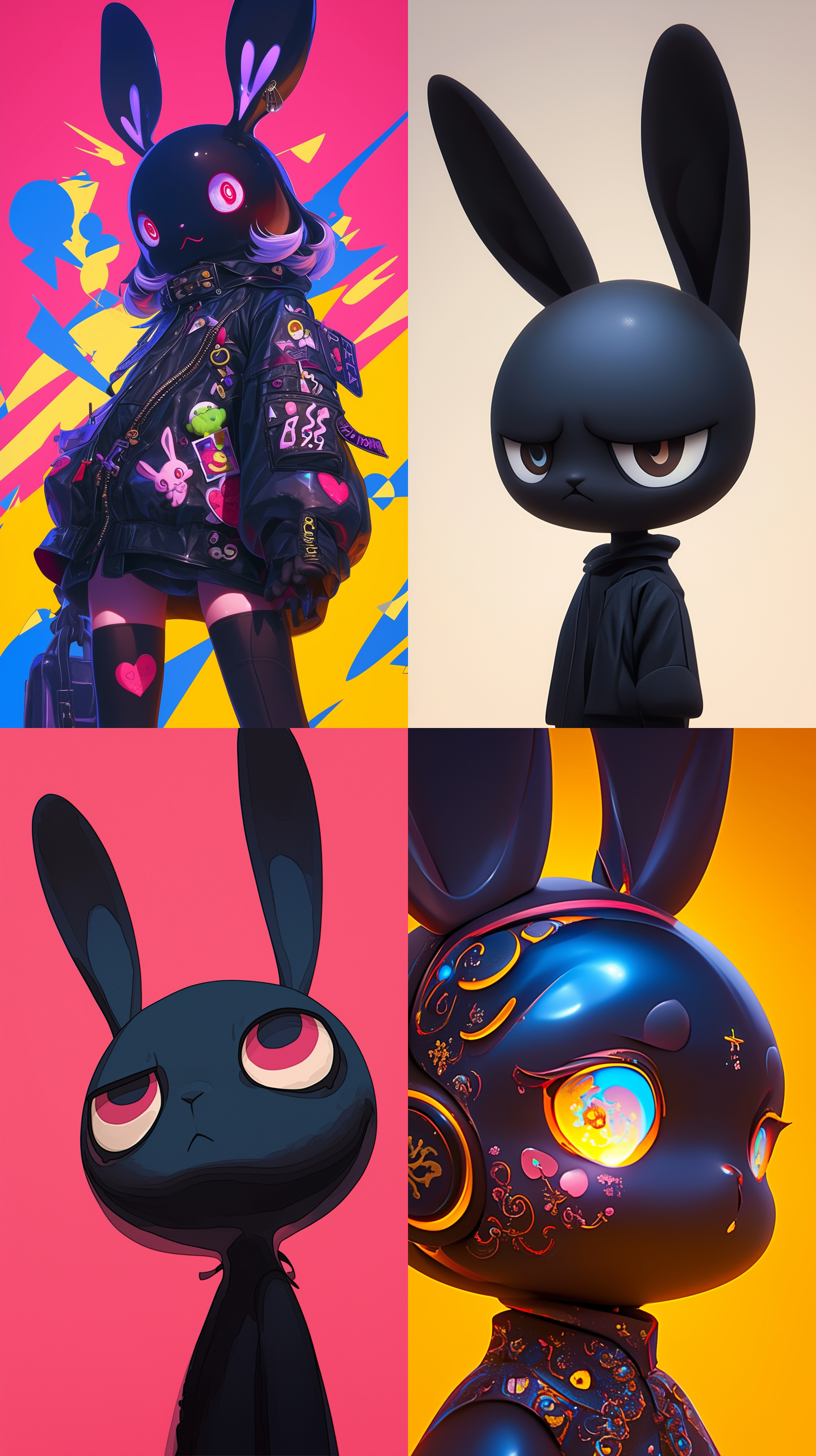 一个小兔子玩偶，可爱，黑色，潮流，村上隆，海报，特写镜头，超高清