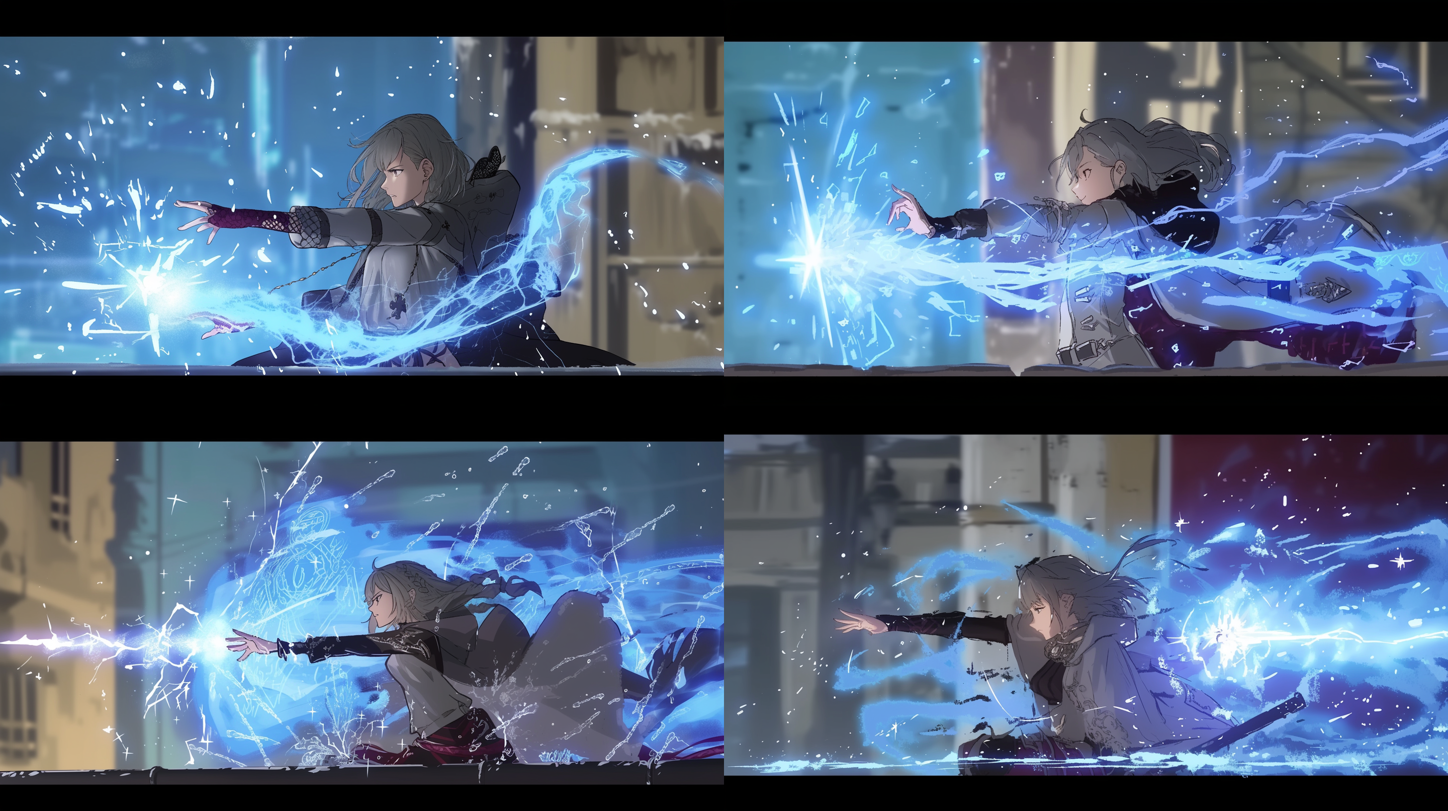 银发女魔法师释放贯穿星辰的魔法，魔法光效，动态姿势，表情严肃，能力展现，细节丰富，大场景，壮丽，4k