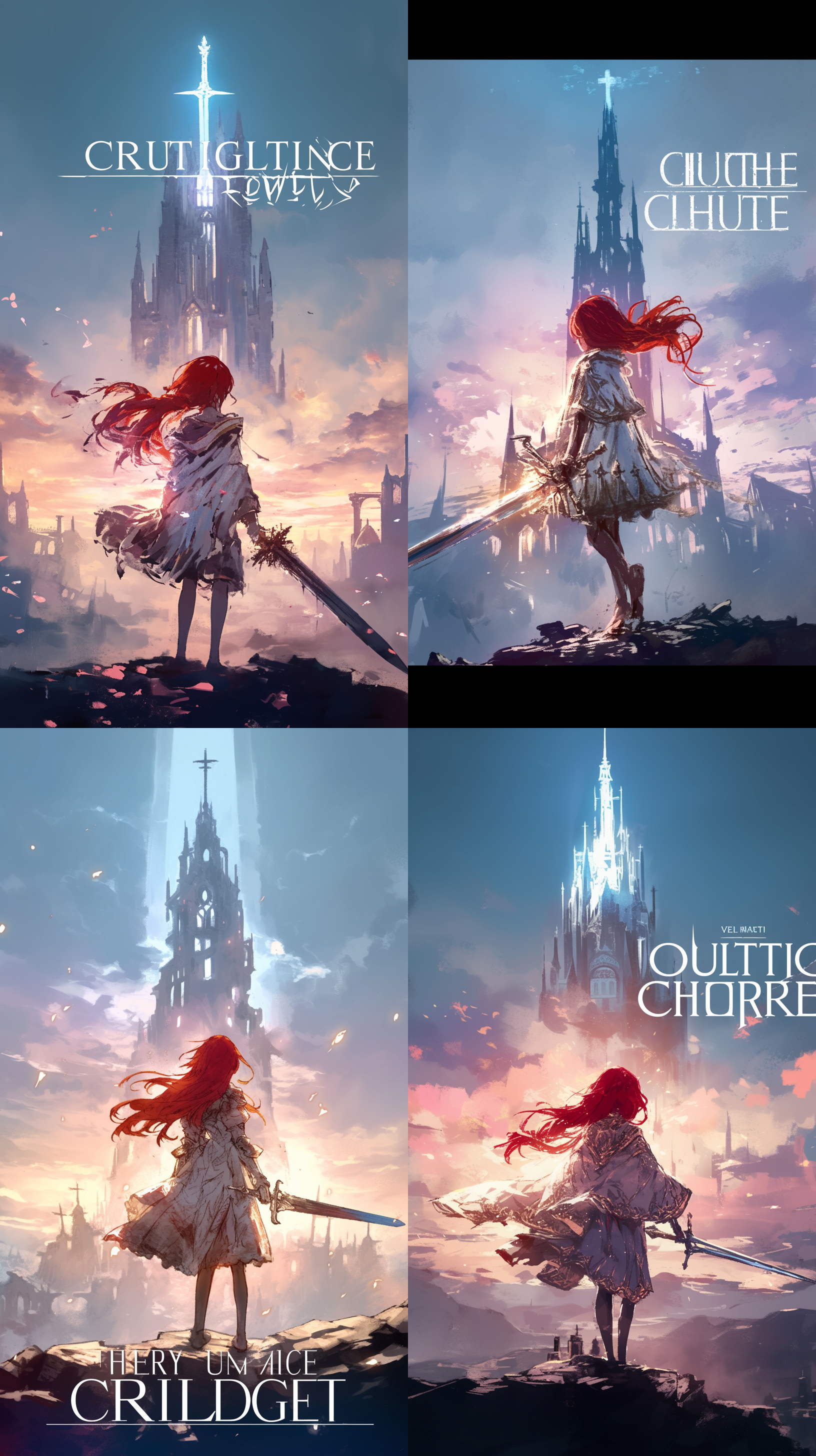 红发少女，身穿白色镶金色修道服，手持圣剑，面向远处神圣破败的教堂，黄昏