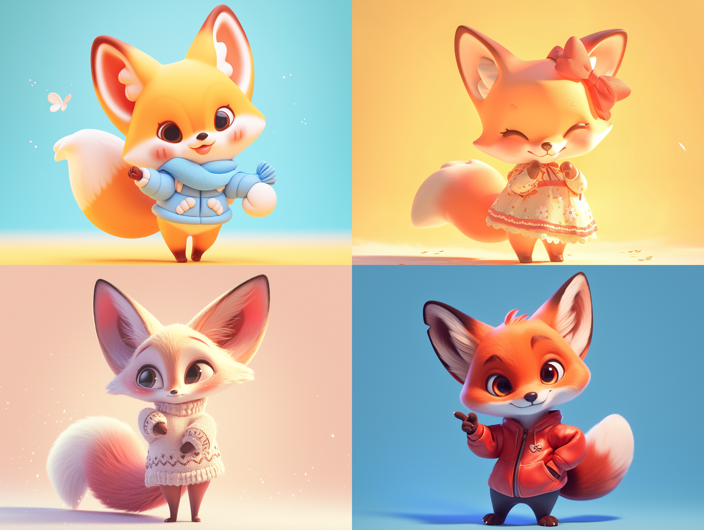 a cule little fox dressed in fashion,disney pixar style,hand puppet,pop mart,super delicate,natural light,soft gradient,soft colors,clean background,smooth surface,soft light and shadow,delicate face,action pose,dribbble,behance,3d style,c4d,blender,oc rederer,while background