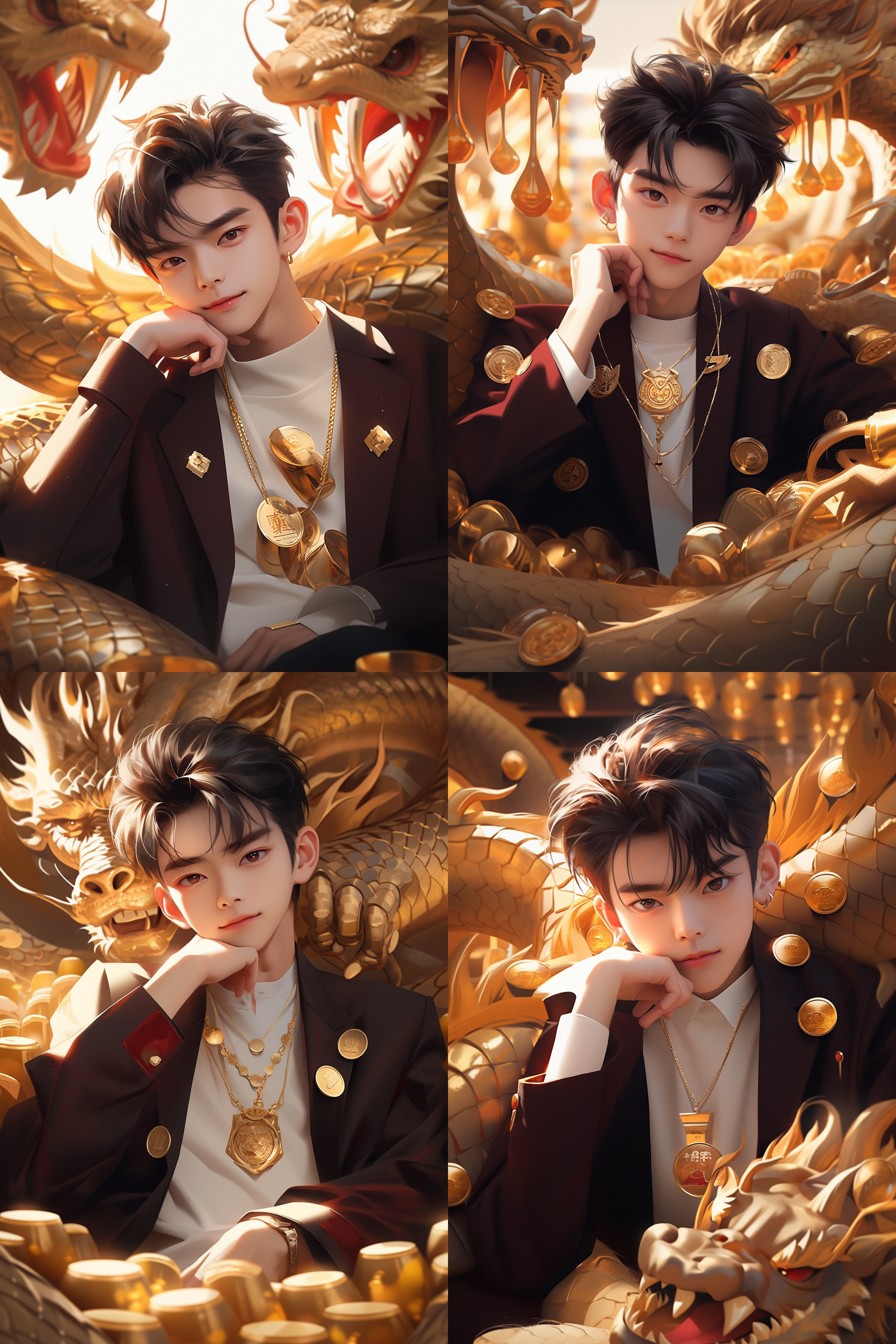 帅气小哥哥被金币包围，一条金龙围绕在身边，3d效果 金币，金龙，3d效果，中心构图，暖色调，近景，特写镜头，逆光，微笑，华丽。