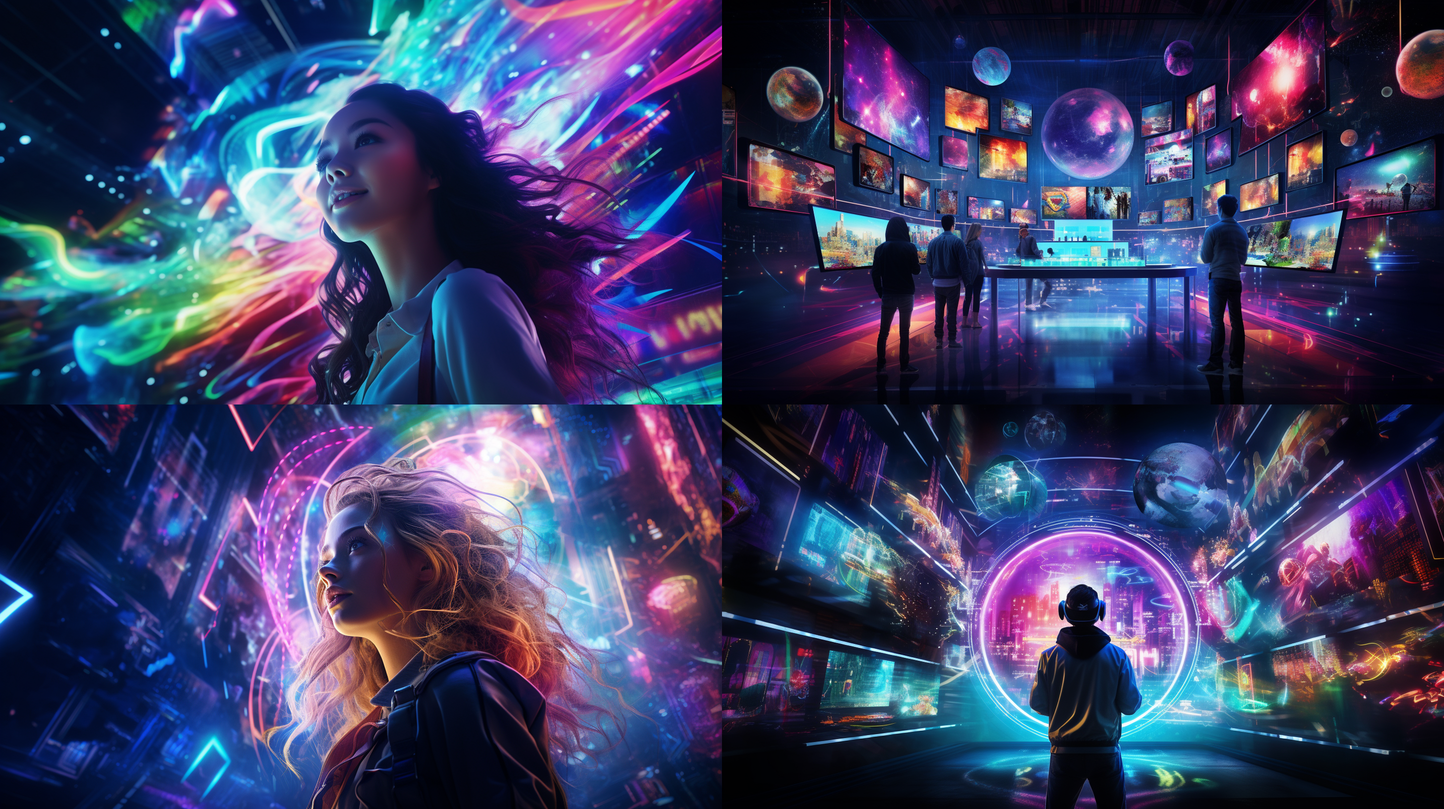 夜间科技灯光秀，船上互动，明亮多彩，霓虹灯北极光，高对比度宽广角，幻想科技，霓虹色调，环境设计，人物特写，欢快表情。