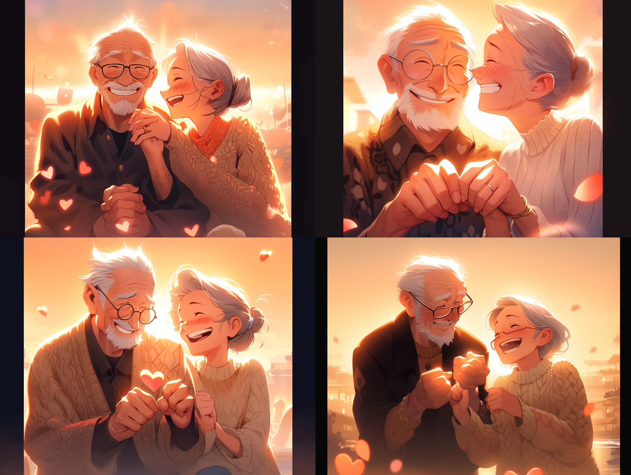 老夫妻，手牵手，背靠背，沙滩上，日落时分，长焦镜头，侧逆光，温暖色调，微笑，幸福，浪漫。