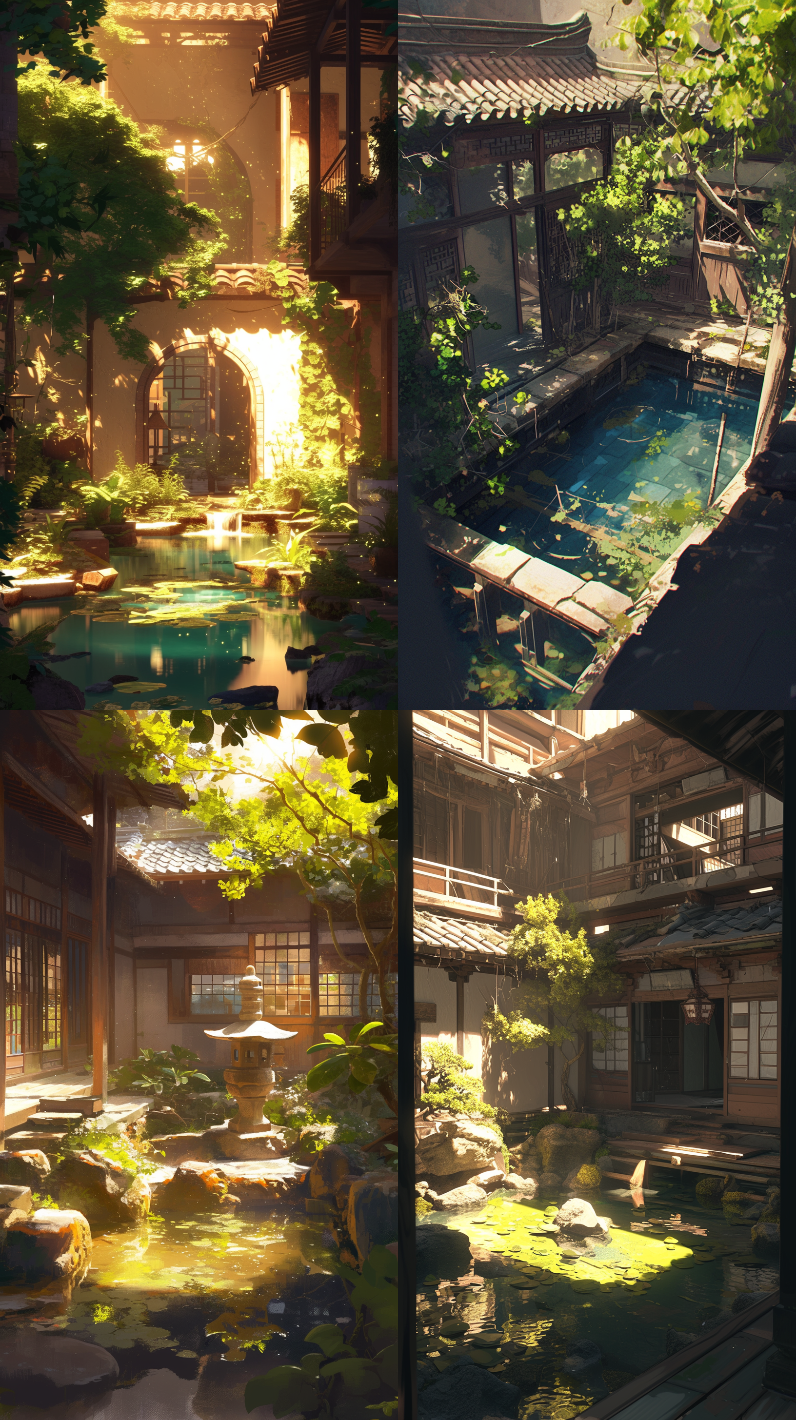 魄小楼院，庭院楼阁小桥流水，废弃庭院，老旧破败，50mm定焦镜头，逆光，静态，寂静，忧郁。