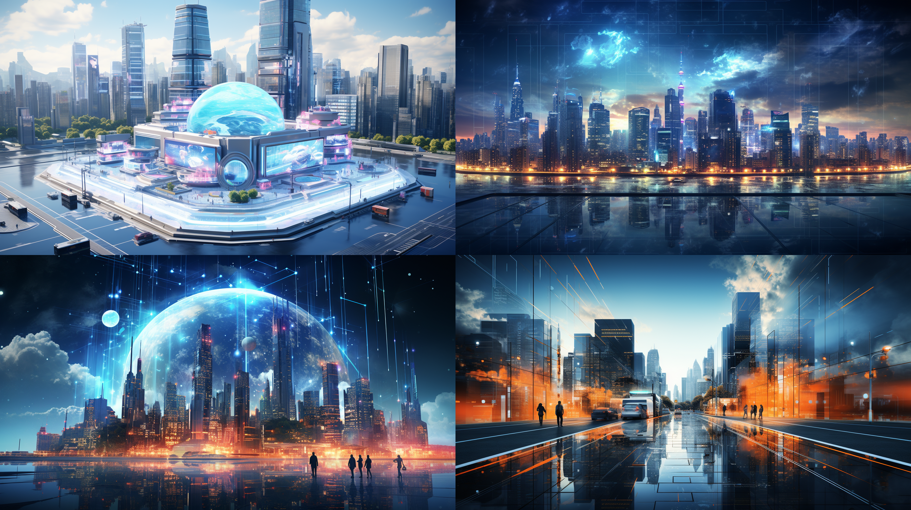 强大的ai图像生成器，展示一个未来科技城市的全景图。高楼大厦林立，飞行汽车穿梭于空中，巨大的霓虹灯广告牌闪烁着。视角俯视，整体色调为冷色调，透视感强烈，细节丰富，表现出未来主题。城市风光，透视构图，冷色调，宽广镜头，未来科技，霓虹灯，高楼大厦，动感。