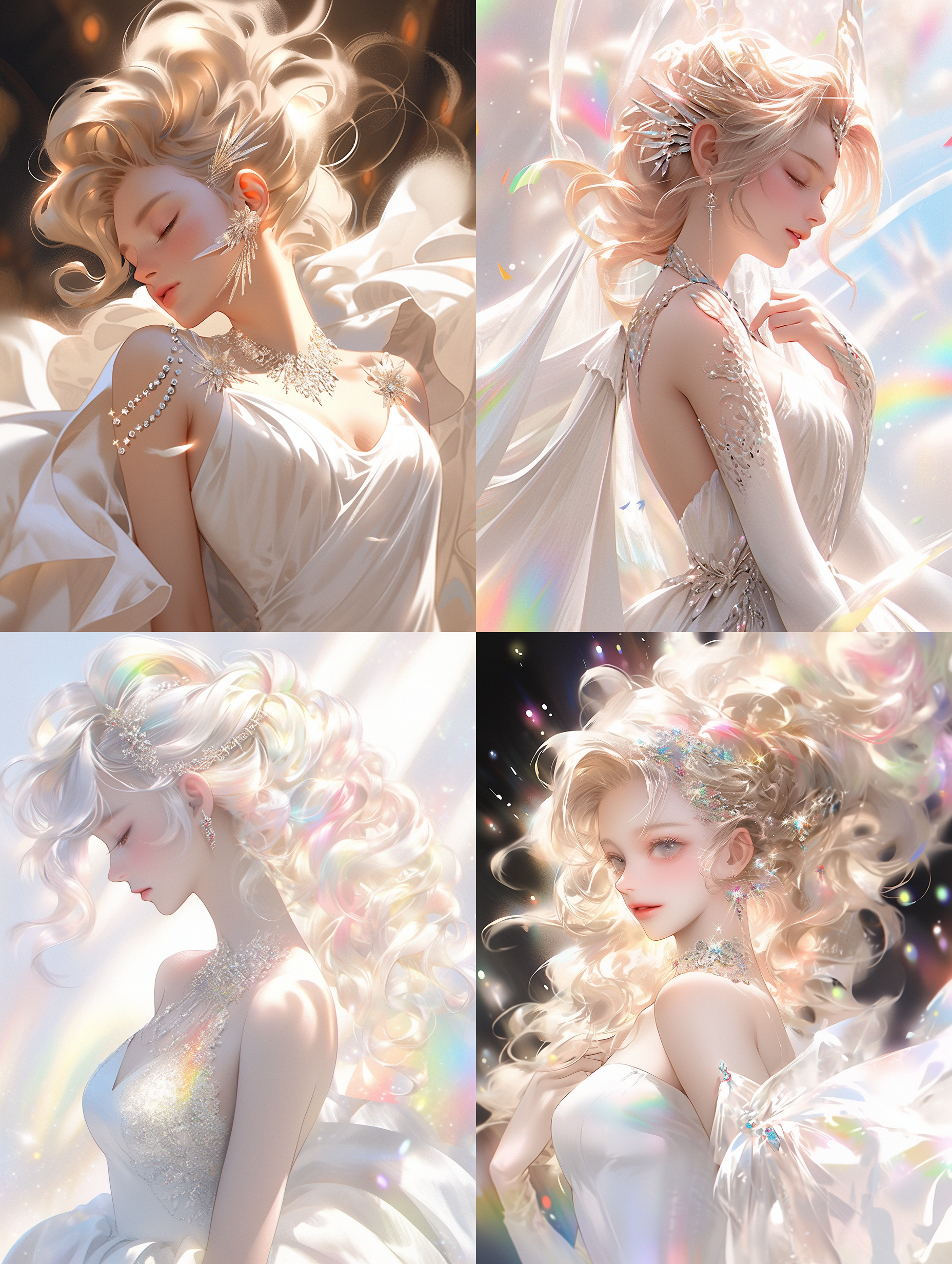 美丽的维纳斯，白色缎面露肩连衣裙，美丽的抬头，尝尝的金发随风起舞，金色的妆容，精致的脸，脖子上的白色珍珠项链，近景拍摄，对比光泽，神族，美丽的女孩，光环，白天鹅，中心构图，腰部拍摄，逼真的3d，透明优雅的衣服，激光，彩虹，全息图，散景明暗，金白色银，软对焦，神圣的电影边缘，明暗 创风格