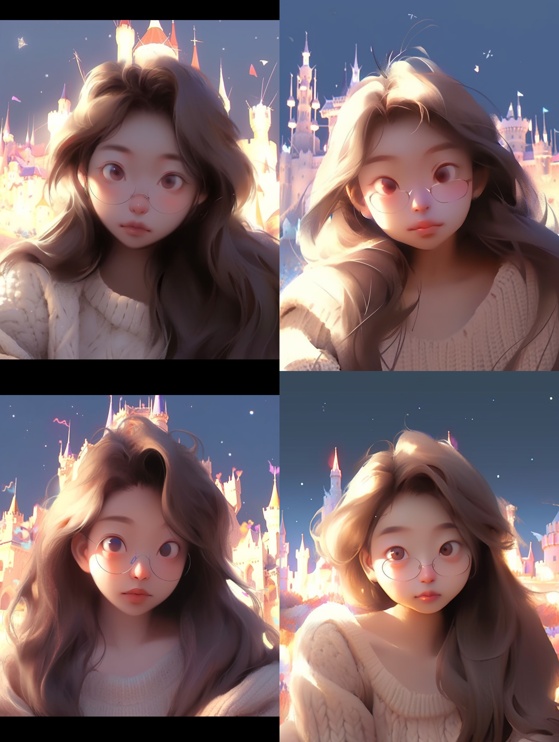 迪士尼城堡夜景，巨大的灯光秀，五颜六色的烟花绽放在天空中，梦幻般的仙境。风格迪士尼，童话，奇幻，夜景，城堡，烟花，灯光秀，绚丽，浪漫，梦幻。