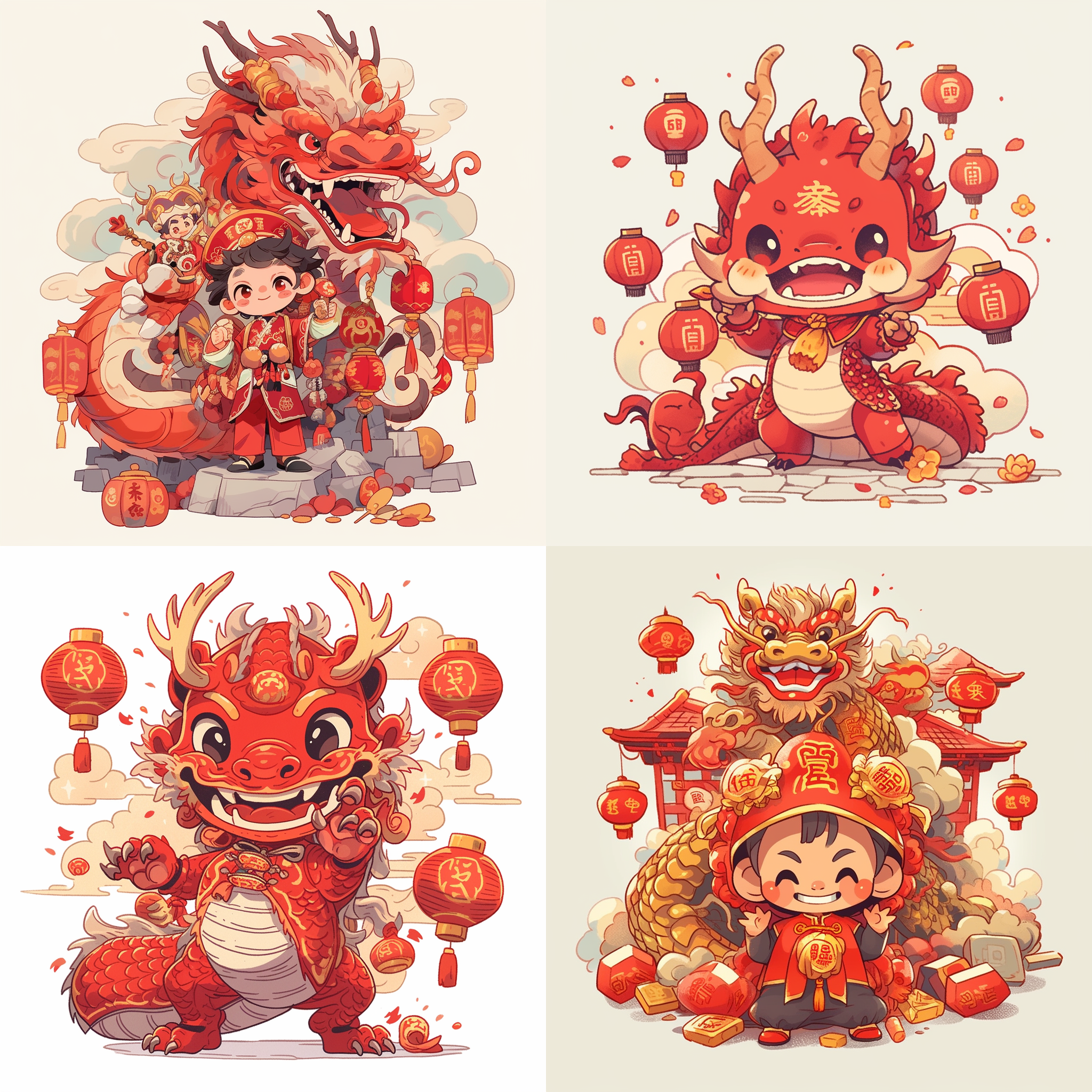 绘画一只可爱的中国小金龙，小金龙要拟人化，穿着淡金色的棉衣，手上拿着一张方形的红纸，四周有红色的灯笼和古铜色的铜钱，有新年的喜庆感，矢量设计，600dpi