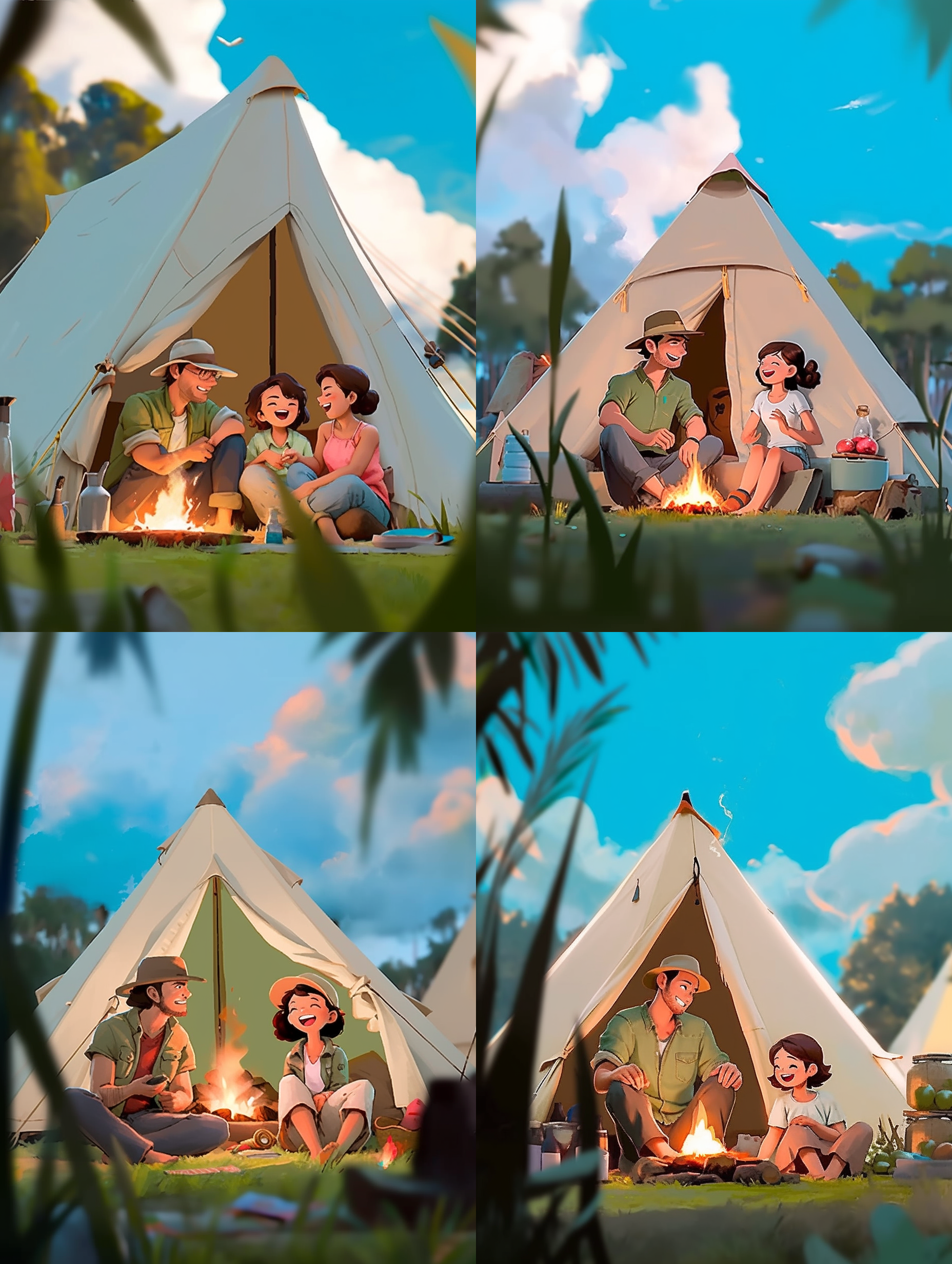 夫妻和女儿坐在野外露营地的篝火旁边，周围是茂密的森林和山脉。他们身穿休闲衣服，笑容满面，女儿手里拿着火炬。照片风格卡通，色彩鲜艳，表达家庭团聚和快乐的情感。柔光，宽镜头，自然动作，温暖色调，自然元素，幸福感。