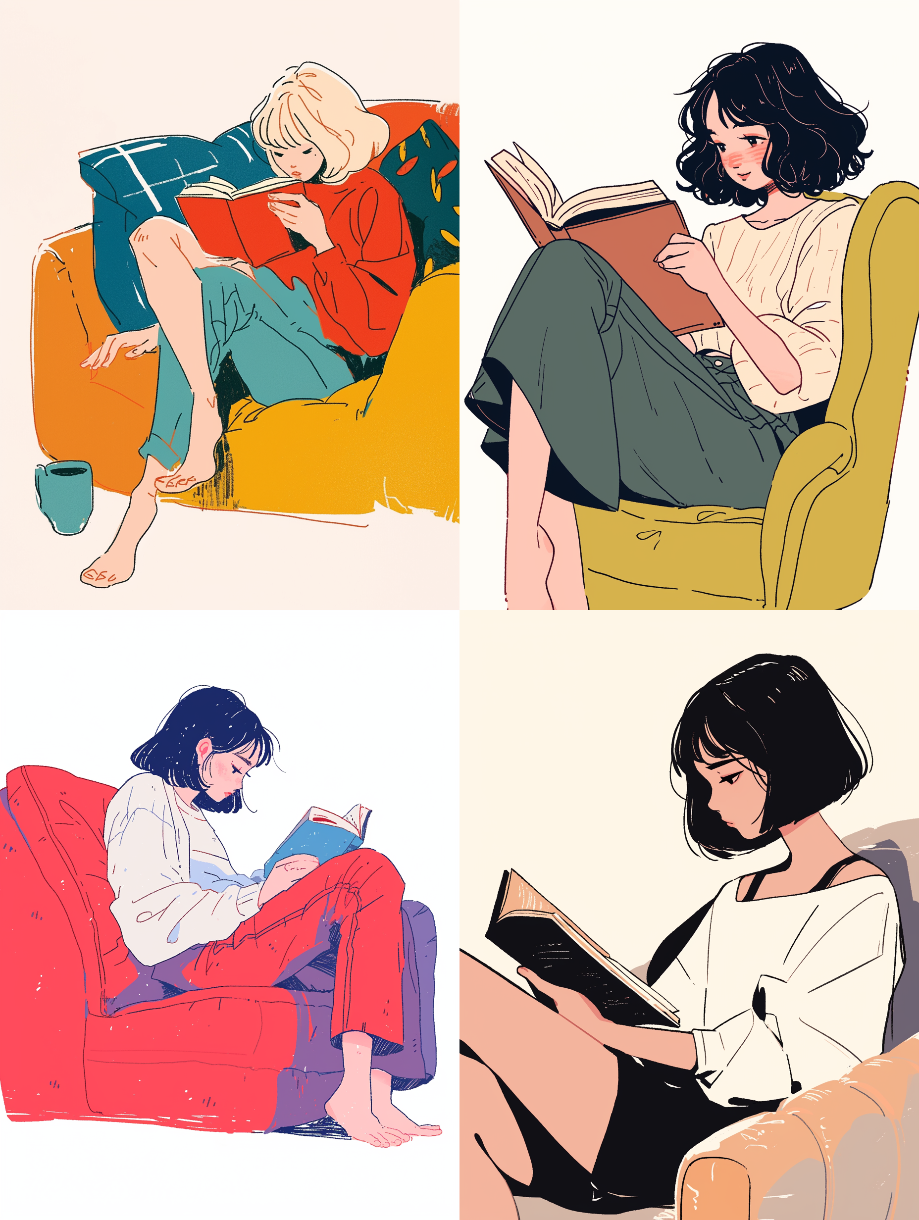 a cute girl reading in sofa, white background, doodle in the style of keith haring, sharpie illustration, bold lines and solid colors, simple details, minimalist