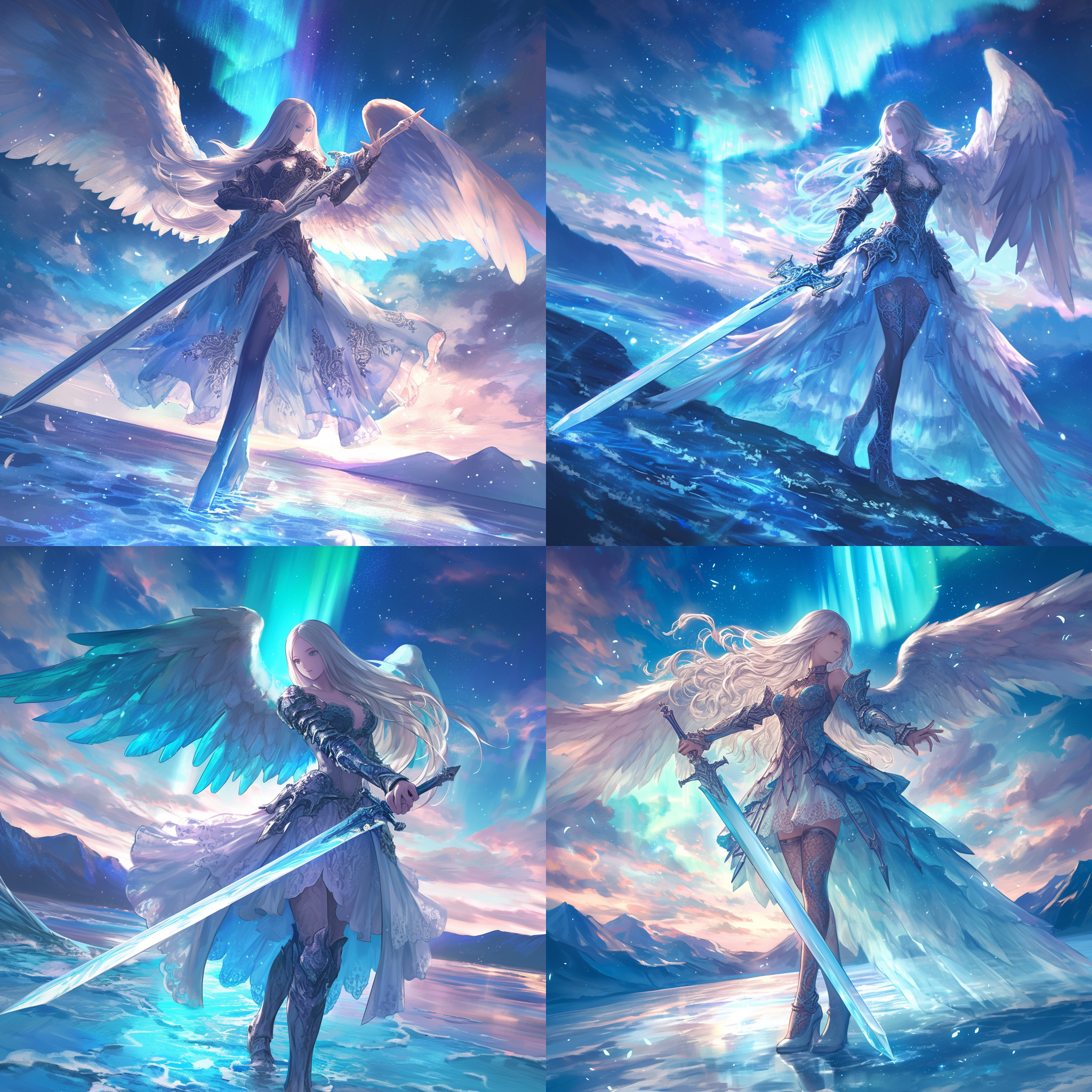 女天使手持长剑，身着蕾丝礼服和淡蓝色花纹丝袜，站在海洋边，背景是绚丽的极光。她拥有神圣的气息，白色长发随风飘扬，翅膀散发着光芒。高对比度，广角镜头，侧光，慢速快门，优雅，神秘，宁静。