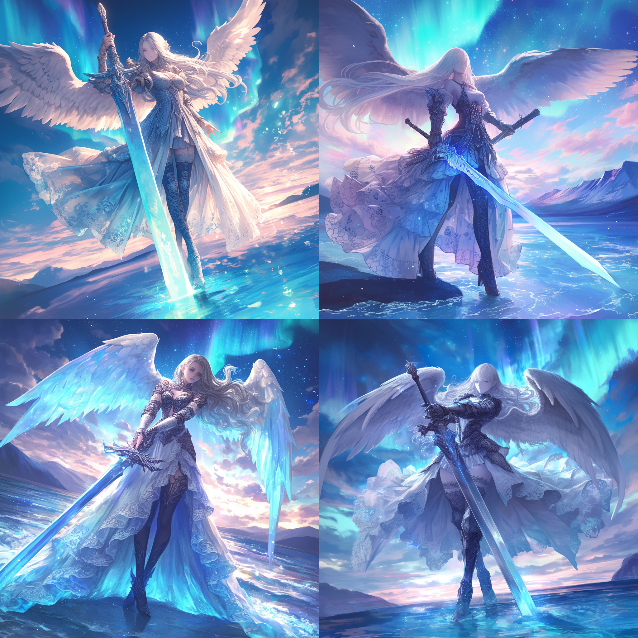 女天使手持长剑，身着蕾丝礼服和淡蓝色花纹丝袜，站在海洋边，背景是绚丽的极光。她拥有神圣的气息，白色长发随风飘扬，翅膀散发着光芒。高对比度，广角镜头，侧光，慢速快门，优雅，神秘，宁静。