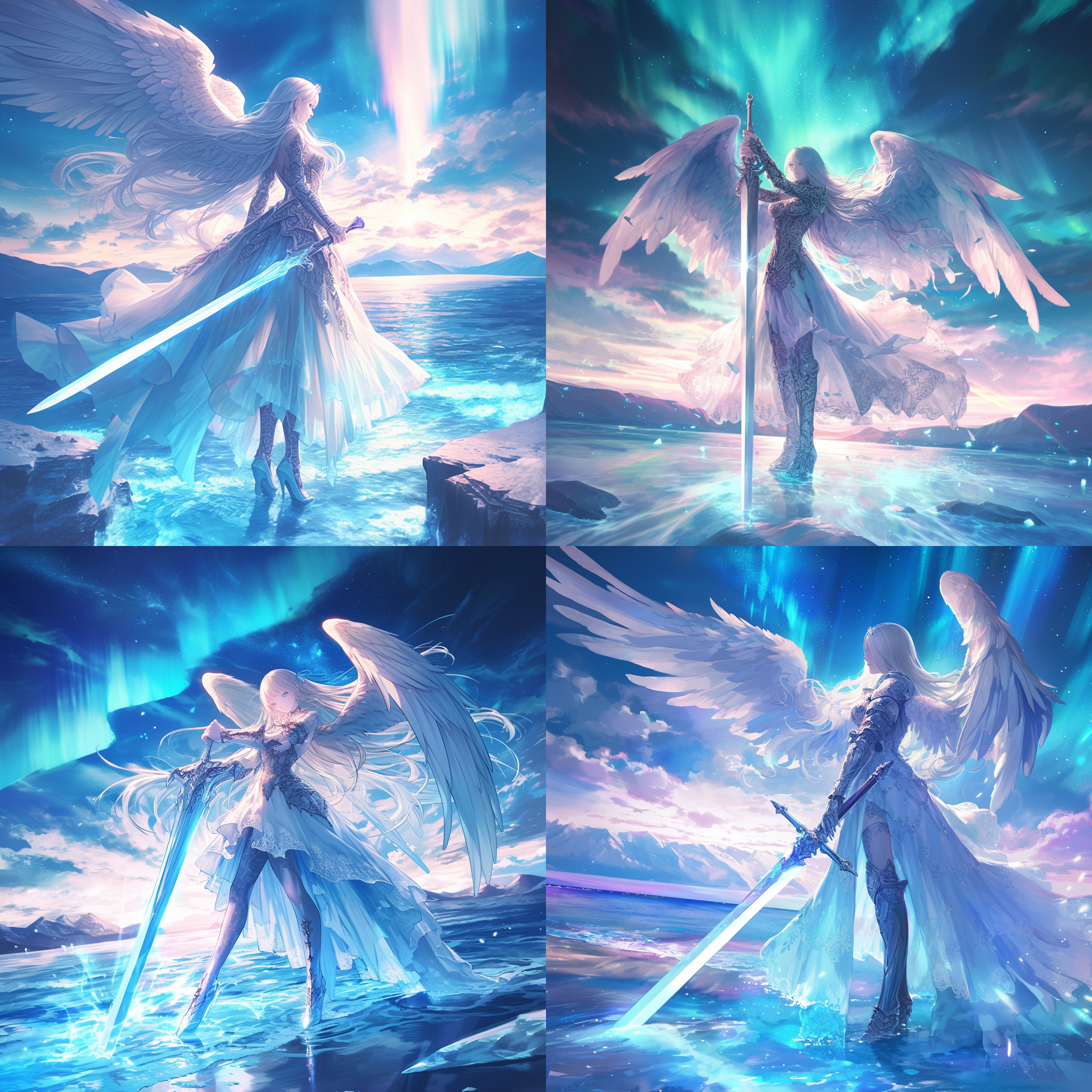 女天使手持长剑，身着蕾丝礼服和淡蓝色花纹丝袜，站在海洋边，背景是绚丽的极光。她拥有神圣的气息，白色长发随风飘扬，翅膀散发着光芒。高对比度，广角镜头，侧光，慢速快门，优雅，神秘，宁静。