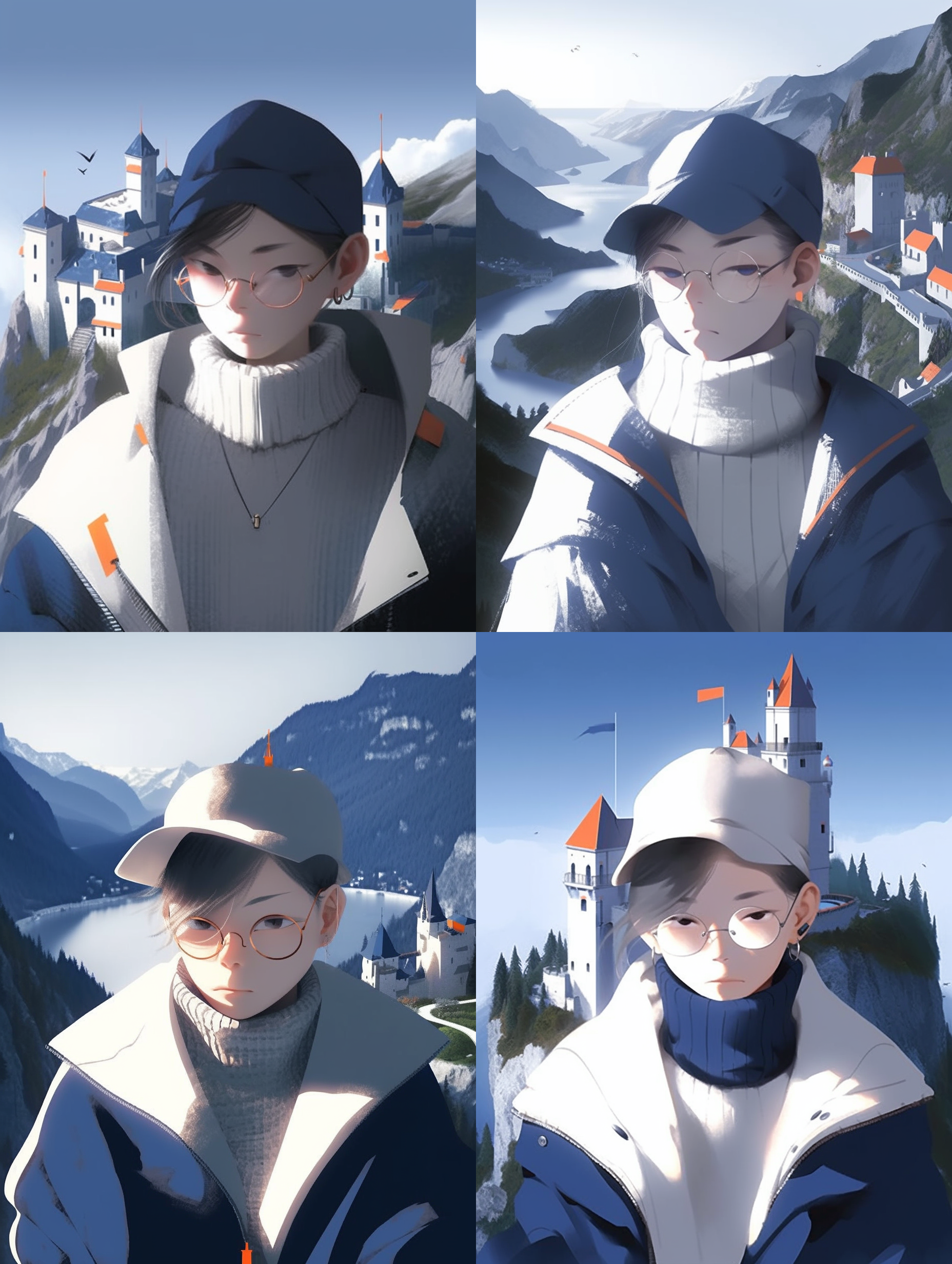 克莱茵兰，一座宏伟的城堡坐落在山巅，周围是绵延的绿色山脉和湛蓝的湖泊。城堡外观雄伟壮观，用石头建造而成，有着浓厚的中世纪风格。阳光透过云层洒在城堡上，给整个场景增添了神秘而古老的氛围。拍摄角度为鸟瞰视角，突出了城堡的规模和壮丽。 鸟瞰视角, 城堡, 绿色山脉, 湖泊, 中世纪风格, 古老, 神秘, 高对比度, 石头建筑