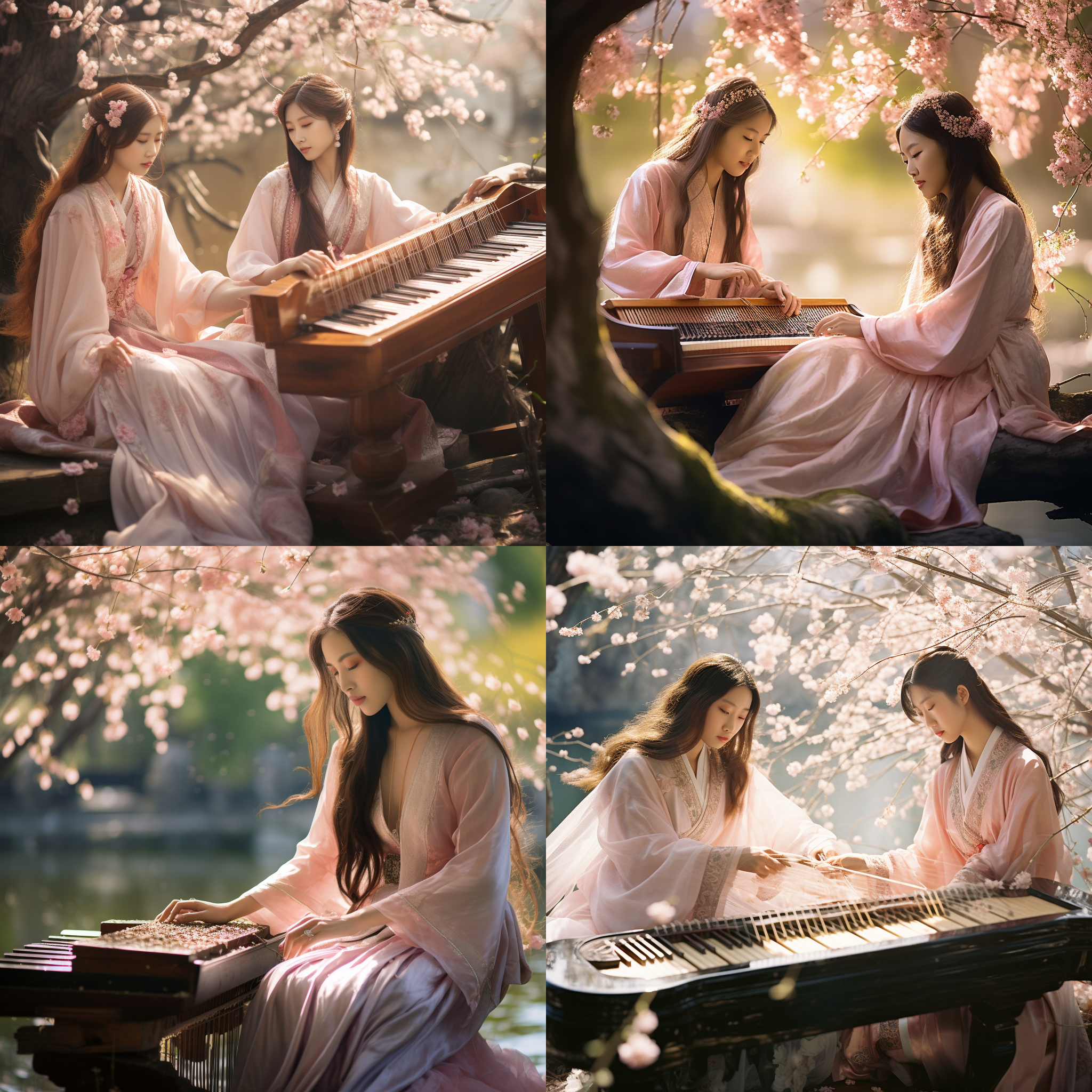 亚洲女子弹古筝，柳树下，优雅坐姿，粉色汉服，长发飘逸，白色花朵，金色花饰，仙气飘飘，细致面容，柔和光线，细节突出，温暖色调，中景构图。