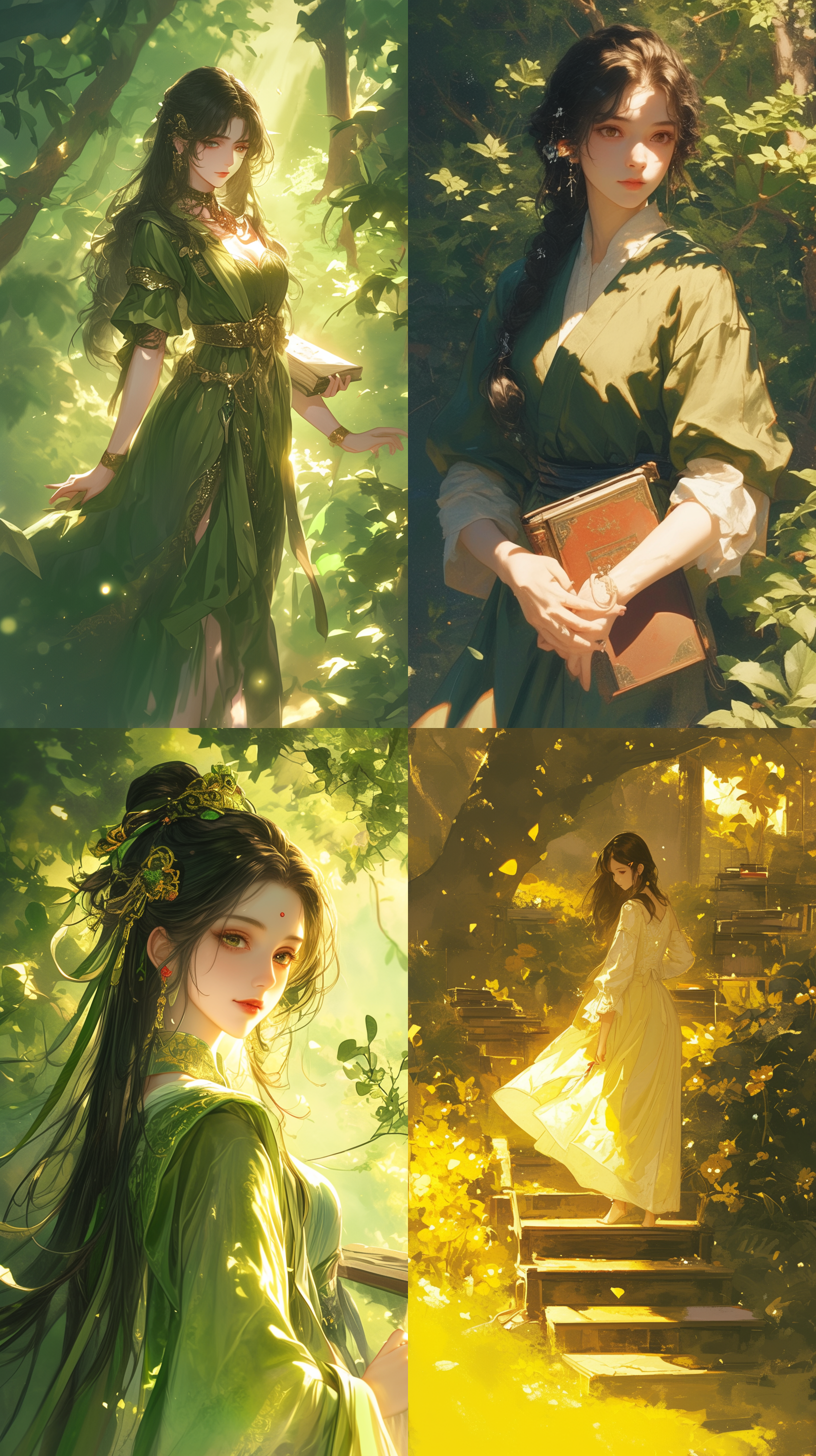 古代女孩走在绿植道路，20岁，黑发，发簪，精致面孔，书本，唯美，高亮，8k，复杂细节，高清，古典风格，温暖色调，柔和光影，优雅动作，神秘情感。