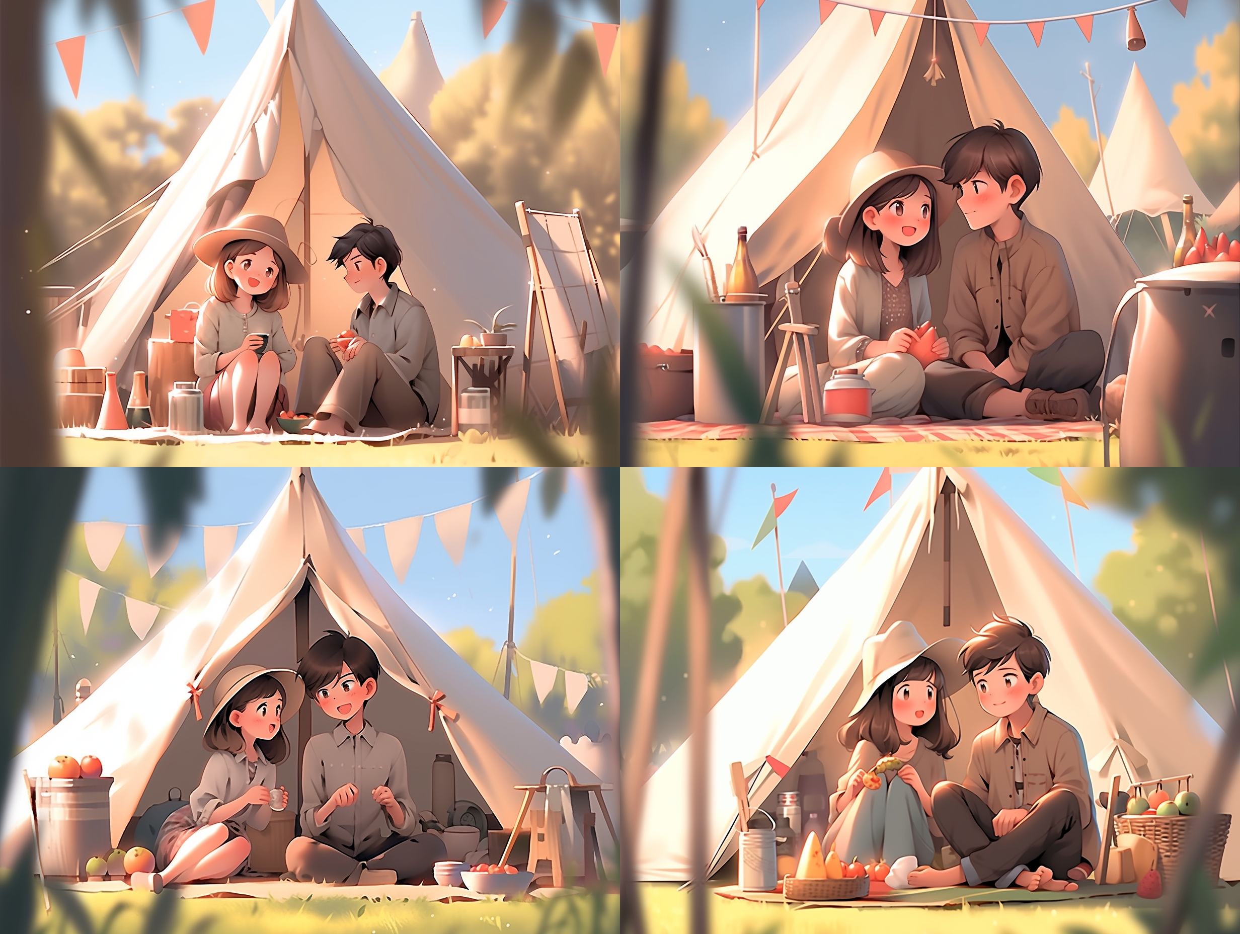 情侣野餐帐篷，动漫风格，自然环境，柔和色调，长焦镜头，自然光，微笑，亲密，温馨。