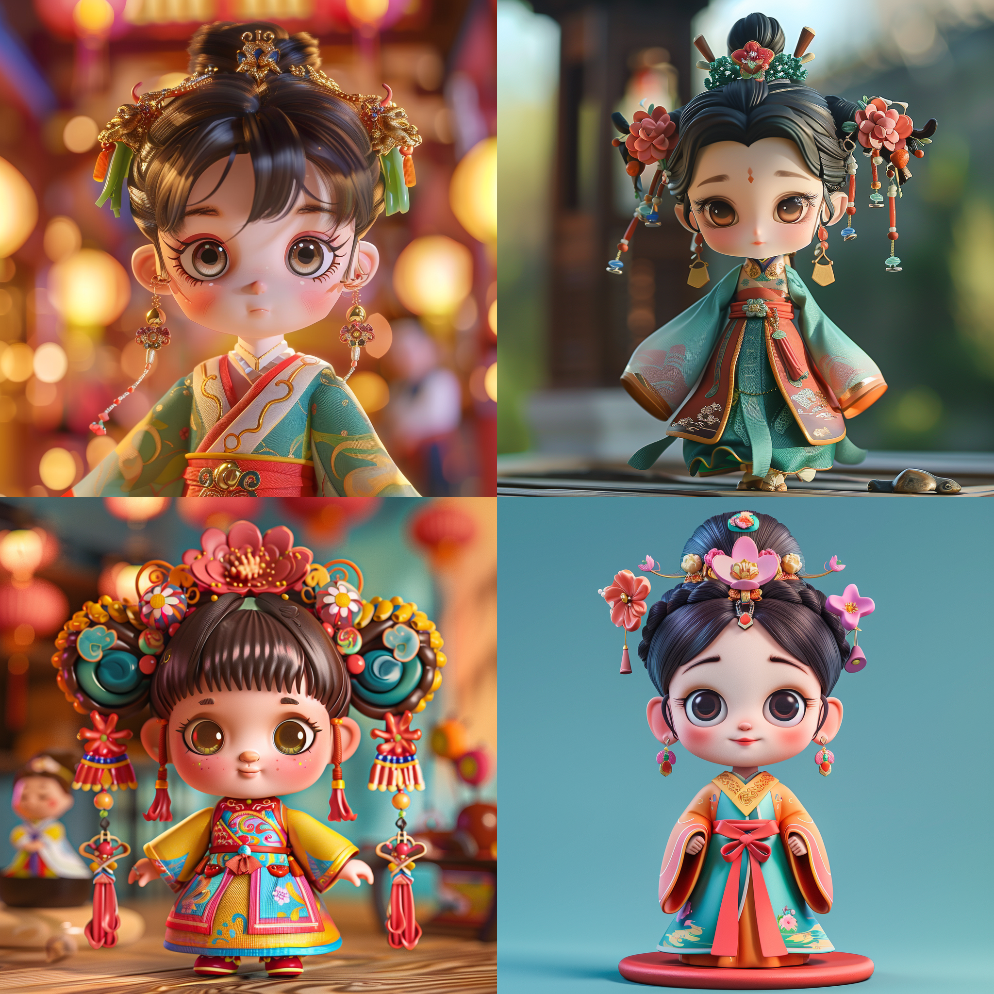 小公主穿着可爱多彩的衣服和发饰。高端配色、明亮和谐的光线追踪下，她展现出自然饱满的魅力。设计简洁的ip盲盒形象，细节丰富的人物设计和行为，呈现出海派风情。c4镜头，饱和度高，色彩鲜艳，视觉冲击力强。