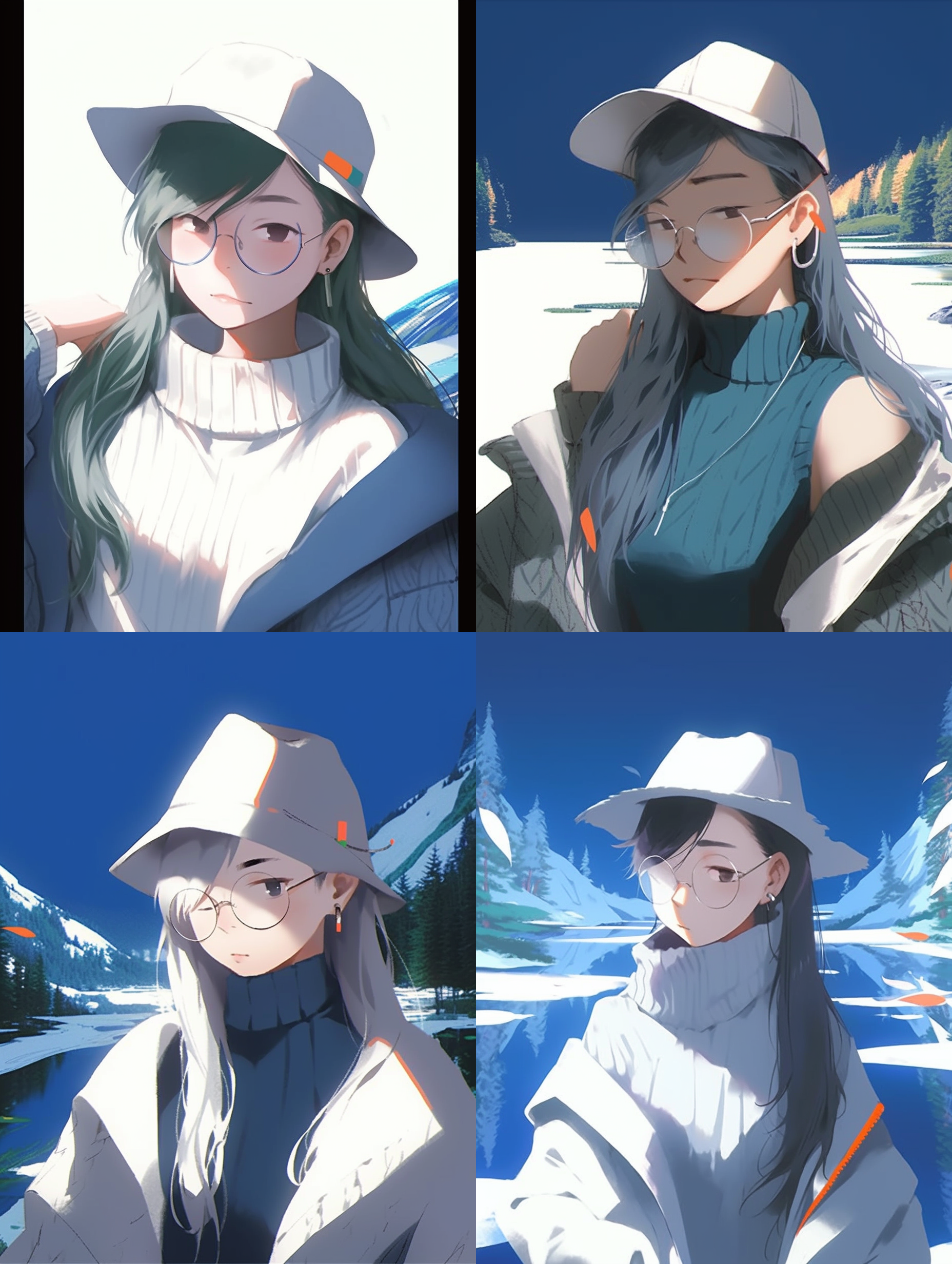 克莱茵兰，不戴帽子，户外自然风景，清澈湖水，青翠树林，蓝天白云，长发披肩，微笑，自然光，中焦镜头，静态，宁静，和谐。