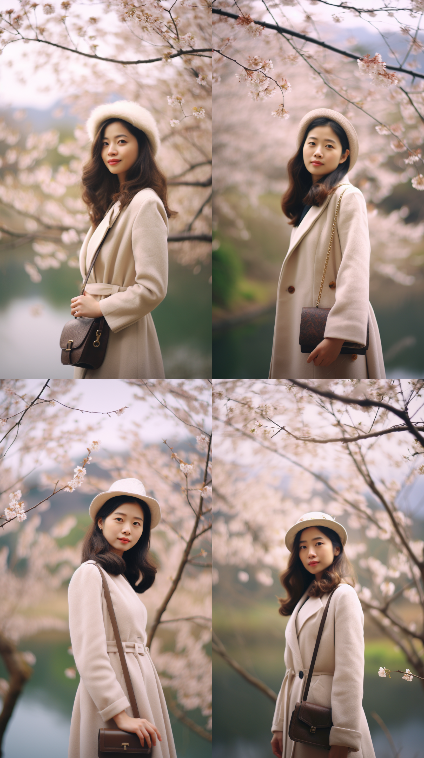 梅花林中，一位女人身穿粉色连衣裙，微笑面对镜头。清新的春日氛围，细腻的花瓣飘落，柔和的阳光洒在她身上。中景构图，柔美色调，50毫米定焦镜头，自然光线，静态，温暖。