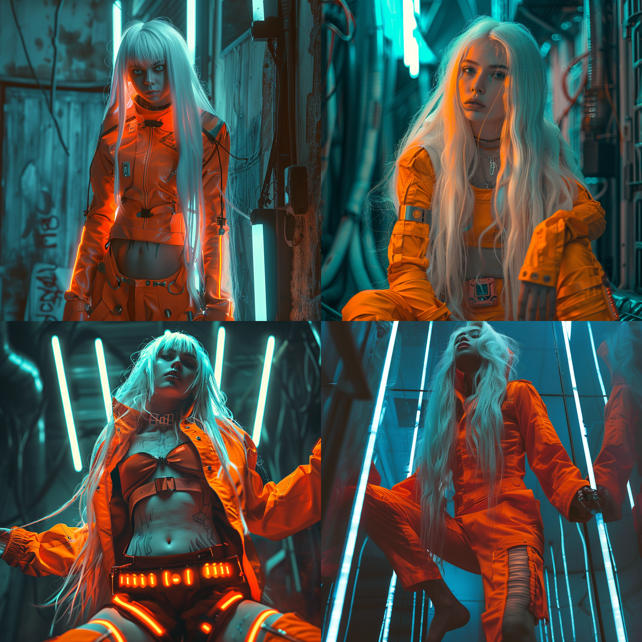 赛博朋克风格，一女孩，荧光灯，杰作级高质量，独自，骷髅人体，白发，戏剧光影，橘色服装，细节丰富环境，反射，全身，九头蛇身体比例，阳光，非常长发，宽袖子，深度摄影，阴影，凌乱头发，诱人轮廓，暗色调，夜晚，暗调照片，颗粒感，昏暗，刘海，电影般的照明，泰安达尔效应，抽象背景，充满活力的色彩，现代风格，艺术感，动态构图，独特纹理，大胆质感，色彩丰富，时尚，年轻，充满活力，创意，表现力强，时尚，潮流，白色大理石发光肌肤。