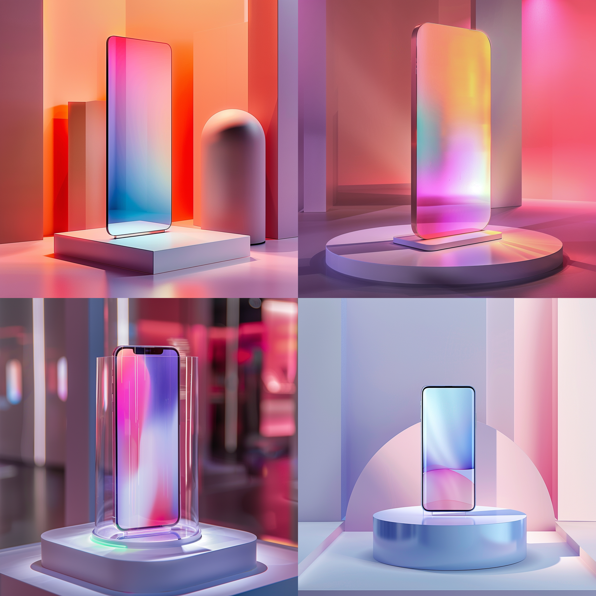 手机展示，简约风格，流线型产品展示台，渐变背景，科技线条，透明感，高饱和度，室内环境，中等焦距镜头，平行光，展示动作，现代感，时尚气息。