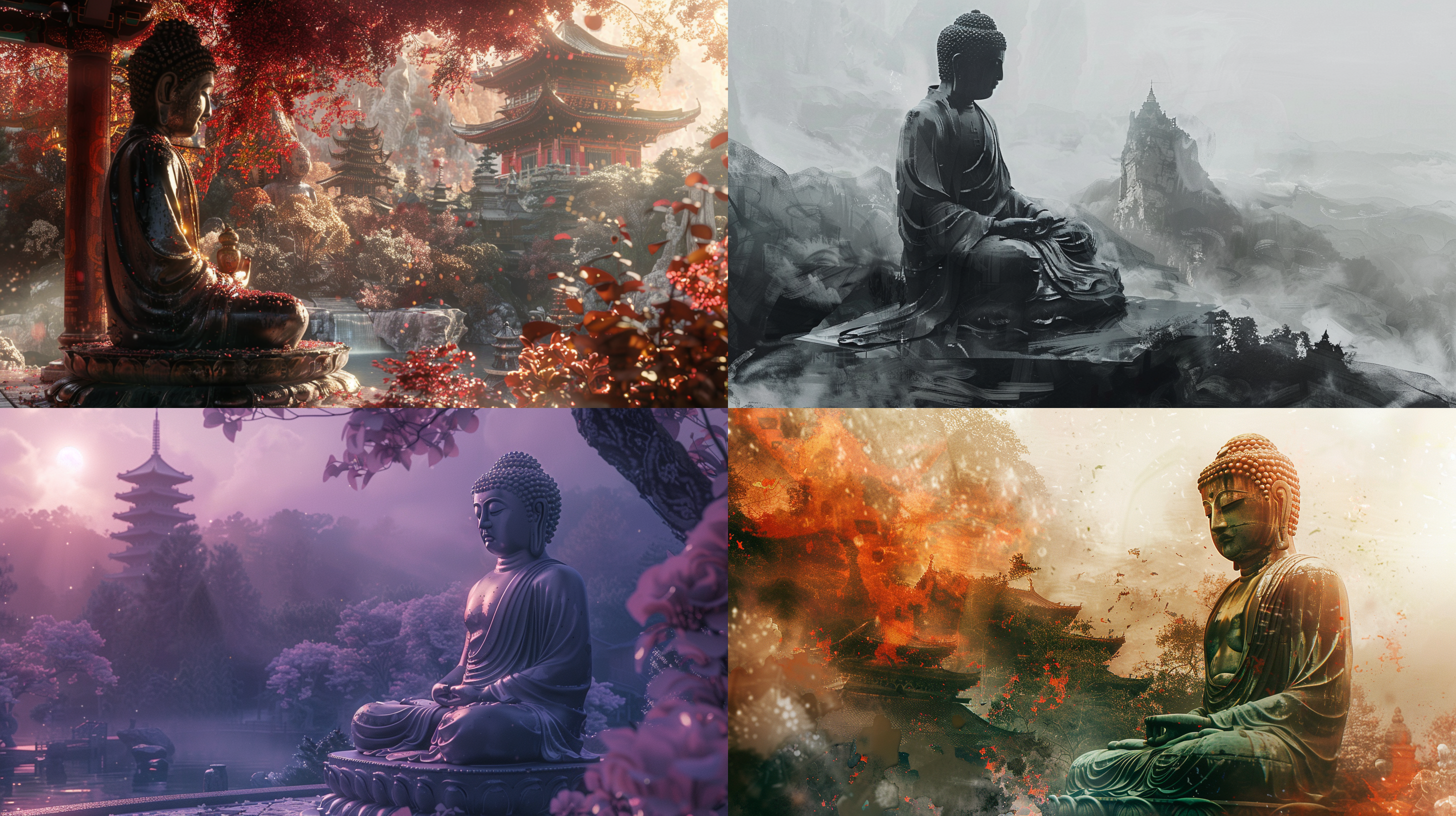 水墨画，唯美山水意境，佛像，辛烷值渲染，炫彩光影，色彩鲜艳，圣光，顶光，明亮的光线，梦幻引擎，复杂的细节，精细，超级精细，高质量，高品质，全高清32k,写实摄影，徕卡镜头，散点构图，全景摄影，摄影大赛作品，大师级作品