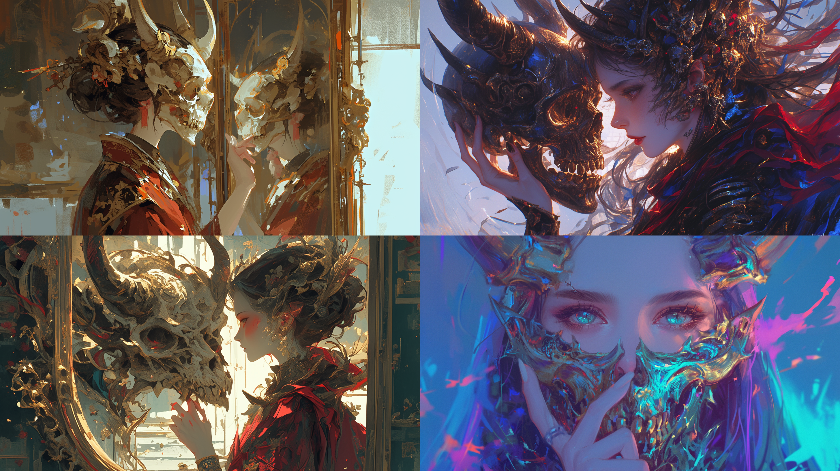 女魔头，角雕效果，闪光图，虚荣，骷髅，恐怖漫画，情绪化，调色刀，细节丰富，错综复杂，反射，镜像，吴牙，小岛绫，珍詹姆斯，超现实。