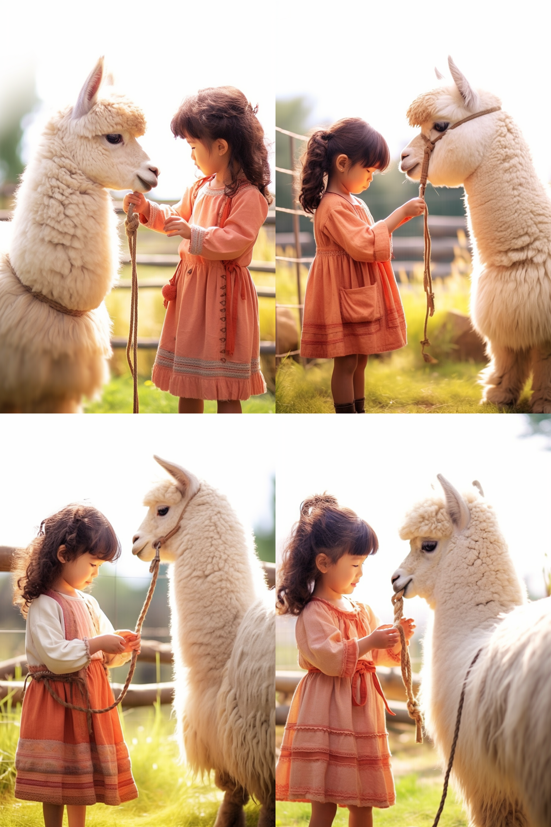 可爱小女孩喂羊驼，自然环境，日落光线，温暖色调，长焦镜头，互动，快门优先，笑容，温馨。