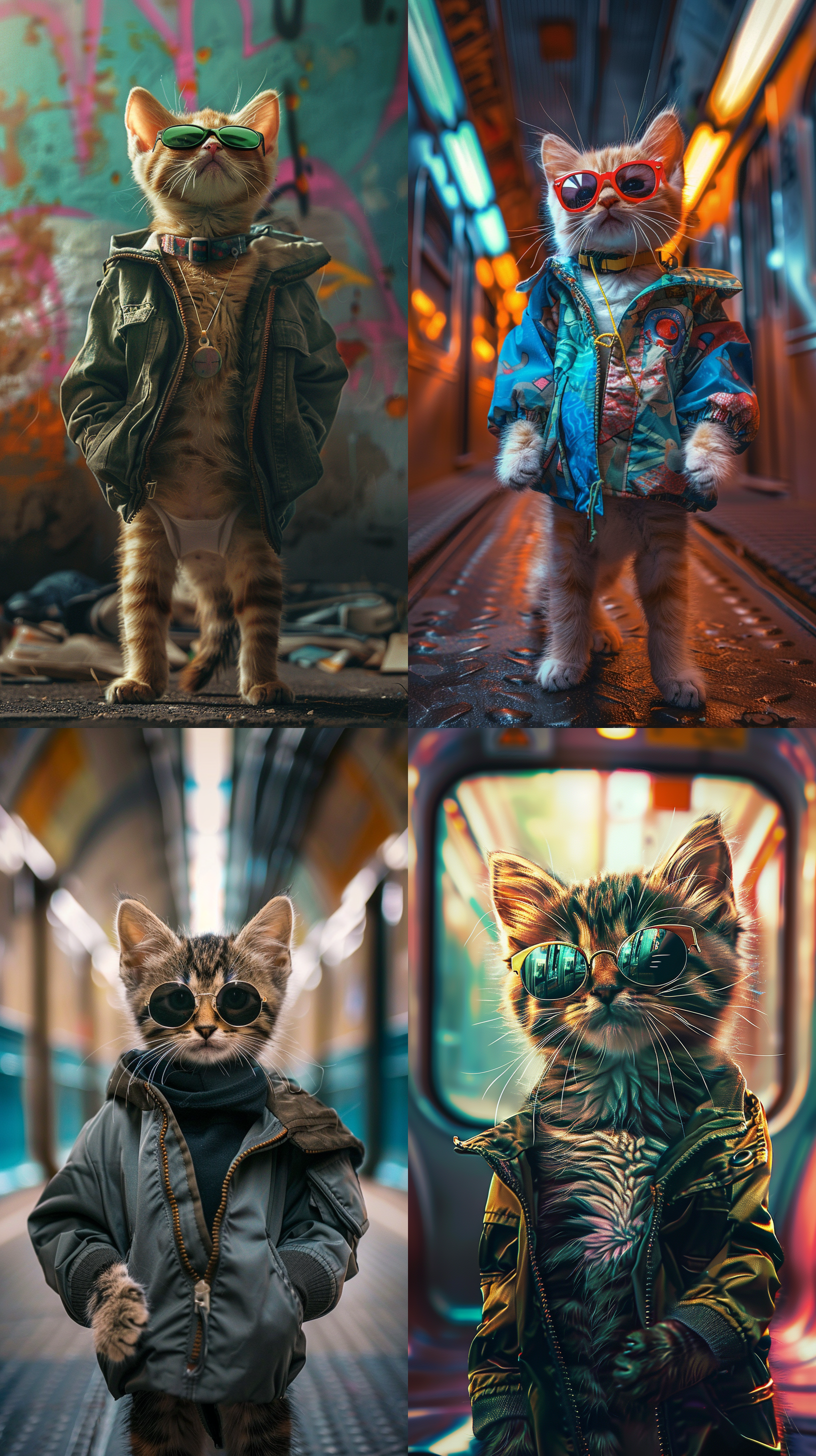 小猫穿着学生夹克，戴着墨镜，在完美居中的位置站立，等待地铁开门。背景是抽象的艺术画作，充满了动感和美感。照片使用了超高细节、锐利的聚焦，以8k高清分辨率呈现。 艺术，抽象，完美居中，小猫，学生夹克，墨镜，站立姿势，地铁，拟人化，动感，美感，超高细节，锐利聚焦，8k，高清分辨率，carne griffiths，wadim kashin