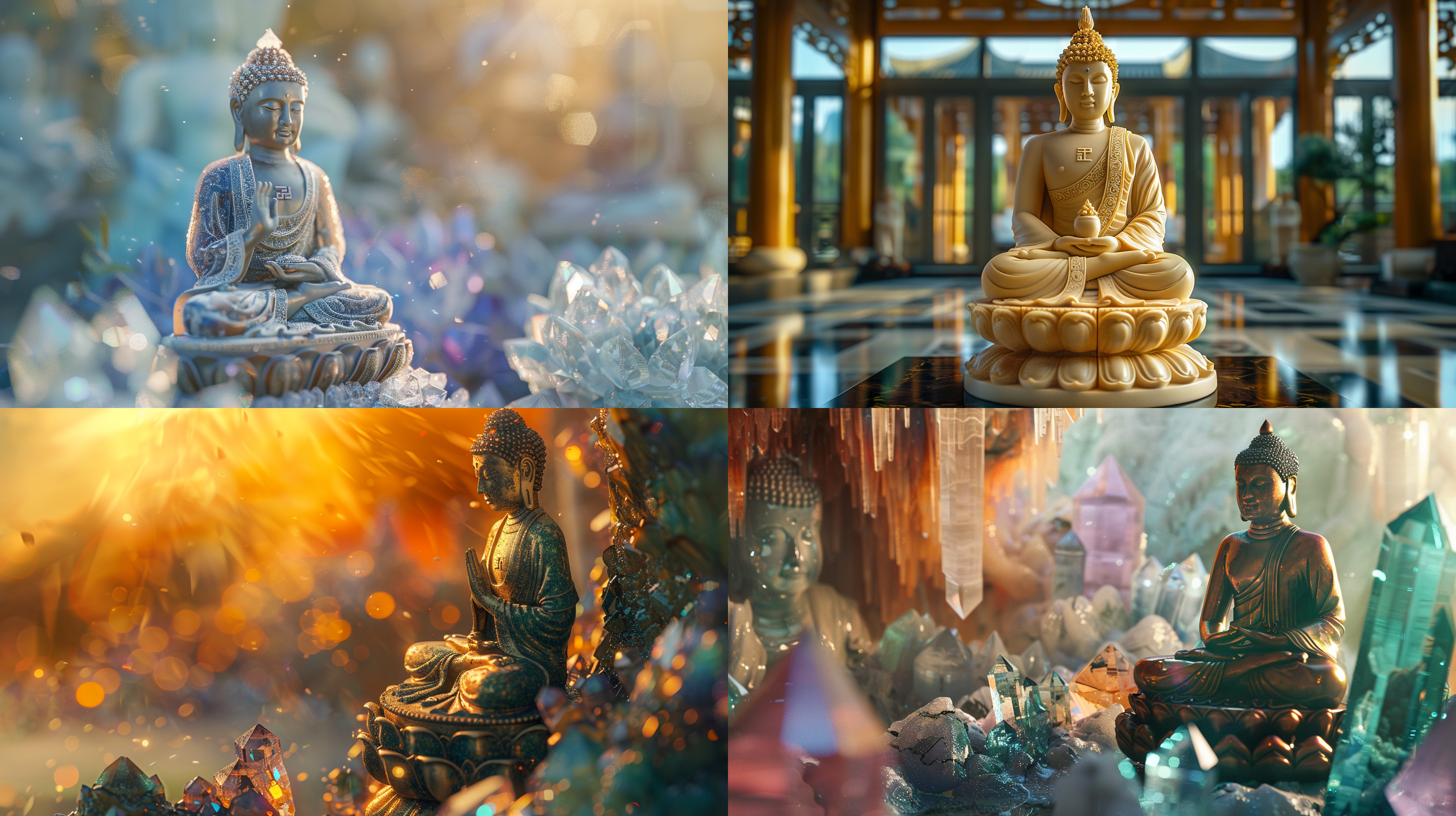 唯美山水意境，佛像，水晶、翡翠材质，精雕细琢，晶莹剔透，辛烷值渲染，炫彩光影，色彩鲜艳，圣光，顶光，明亮的光线，梦幻引擎，复杂的细节，精细，超级精细，高质量，高品质，全高清32k,写实摄影，徕卡镜头，散点构图，全景摄影，摄影大赛作品，大师级作品
