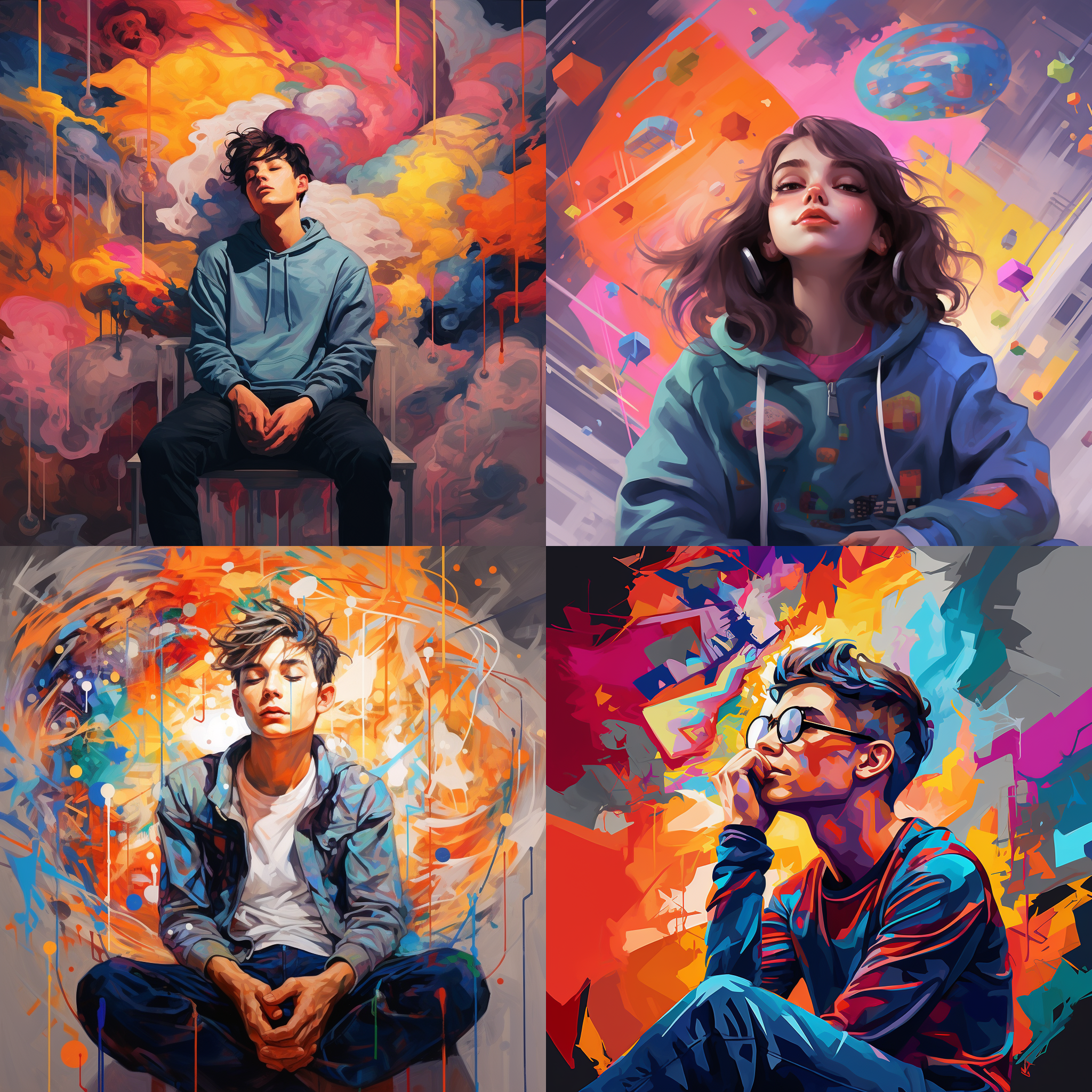 少年思考，心理学符号，现代极简，超清晰，细节丰富，彩色背景，高饱和度，静态，沉思，明亮。