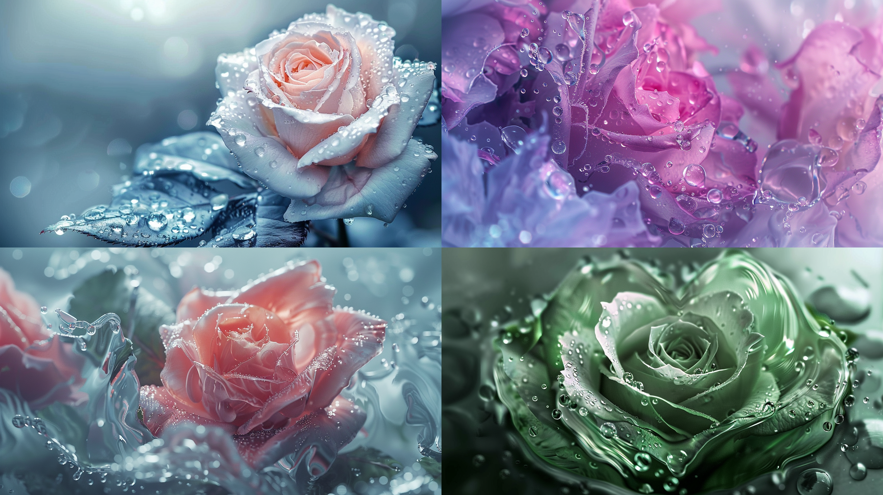 gradient color pointed leaves, crystal clear roses, swirling around the moist flower heart are semi-transparent petals. there are glistening dewdrops on the flowers. mid to long distance photography, shallow depth of field, clear and delicate, water droplets, petal textures, natural lighting, soft tones, elegant, fresh.