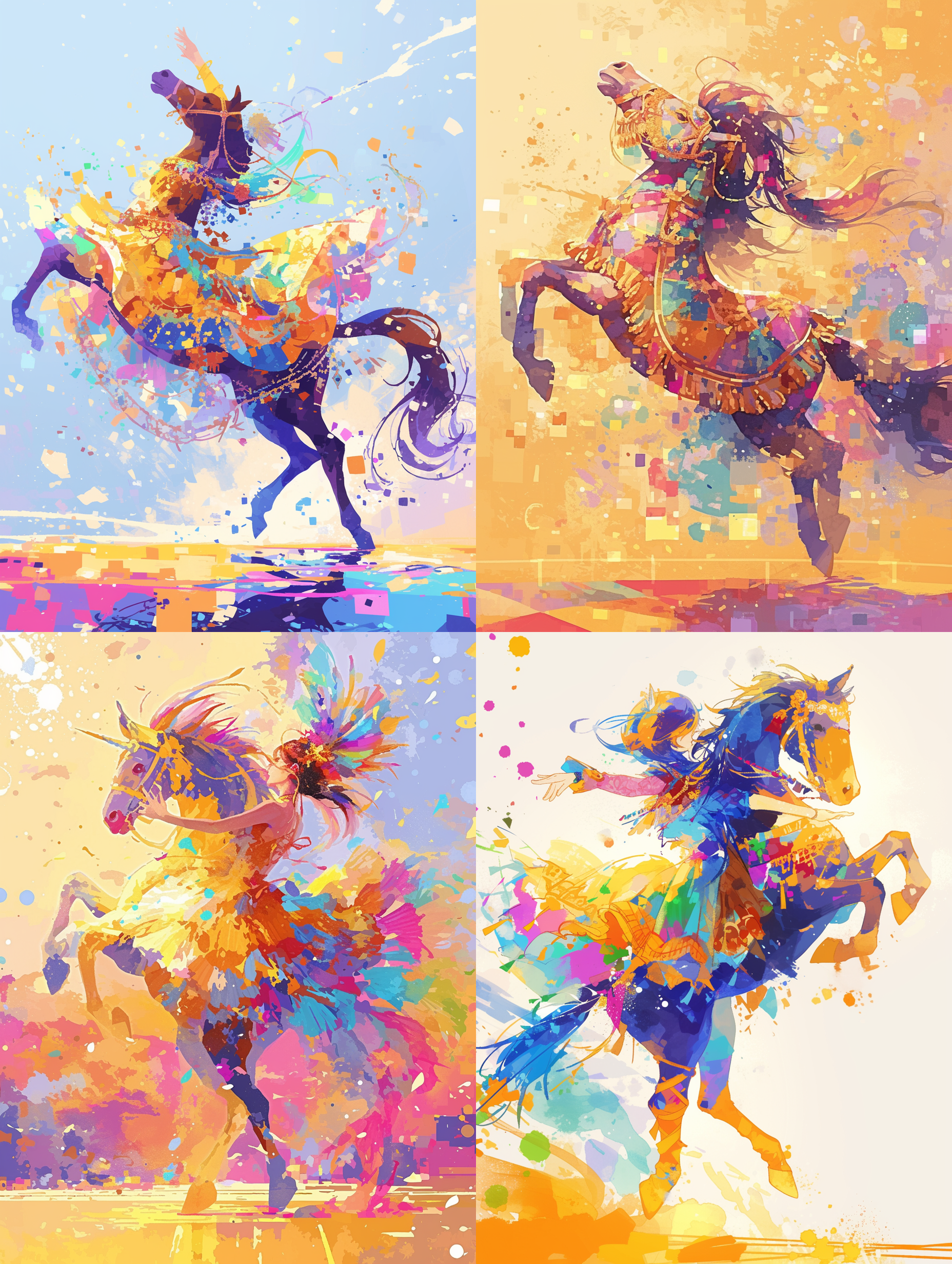 水彩像素艺术，跳舞的卡通马。画面中，一只卡通马身穿华丽的舞蹈服装，在绚丽的水彩背景下翩翩起舞。构图对称，色彩鲜艳，充满活力。画面呈现出欢快和轻松的氛围，给人带来愉悦和梦幻的感觉。水彩效果，像素化处理，舞蹈姿态，明亮色调，活泼。