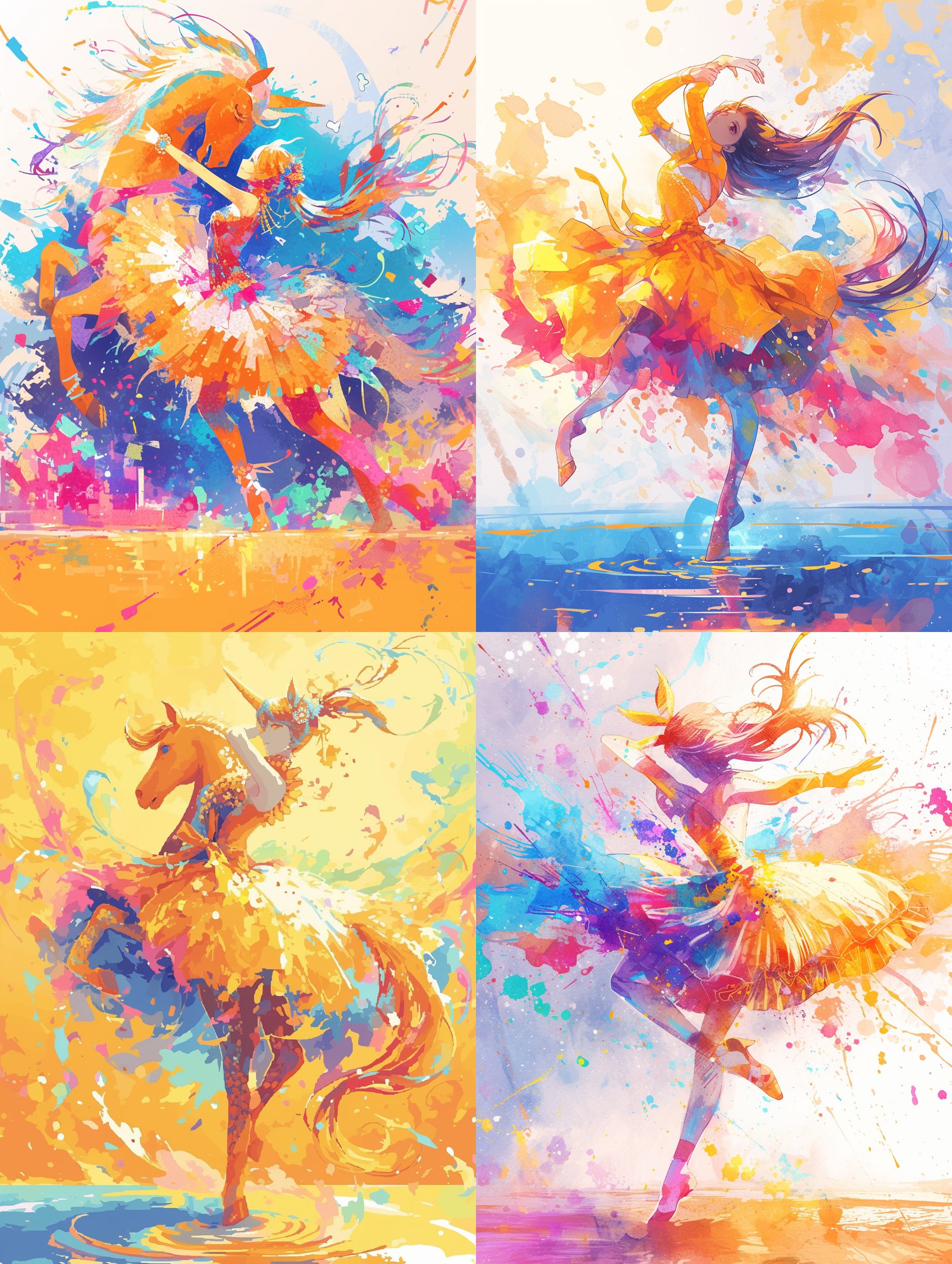 水彩像素艺术，跳舞的卡通马。画面中，一只卡通马身穿华丽的舞蹈服装，在绚丽的水彩背景下翩翩起舞。构图对称，色彩鲜艳，充满活力。画面呈现出欢快和轻松的氛围，给人带来愉悦和梦幻的感觉。水彩效果，像素化处理，舞蹈姿态，明亮色调，活泼。