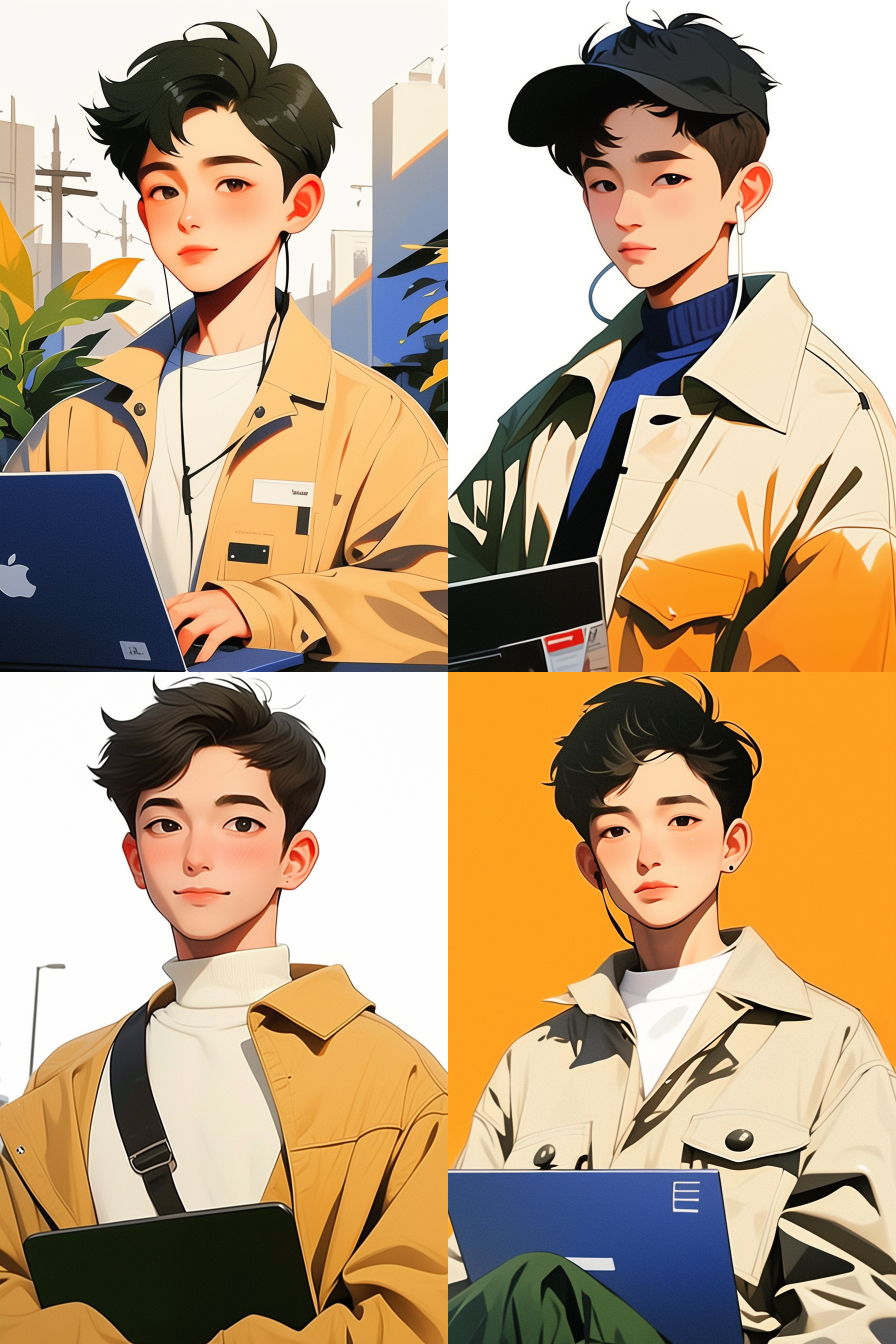 一张极简扁平风的特色照片，画面以明亮的色块和简洁的线条为主，背景是一片纯净的白色。在画面中心，一个立体感强烈的图标形象，穿着简约时尚的服装，面带微笑，手持一台笔记本电脑，展示出高效办公的场景。整体风格干净利落，色彩鲜艳，给人一种现代化，时尚感十足的视觉冲击。