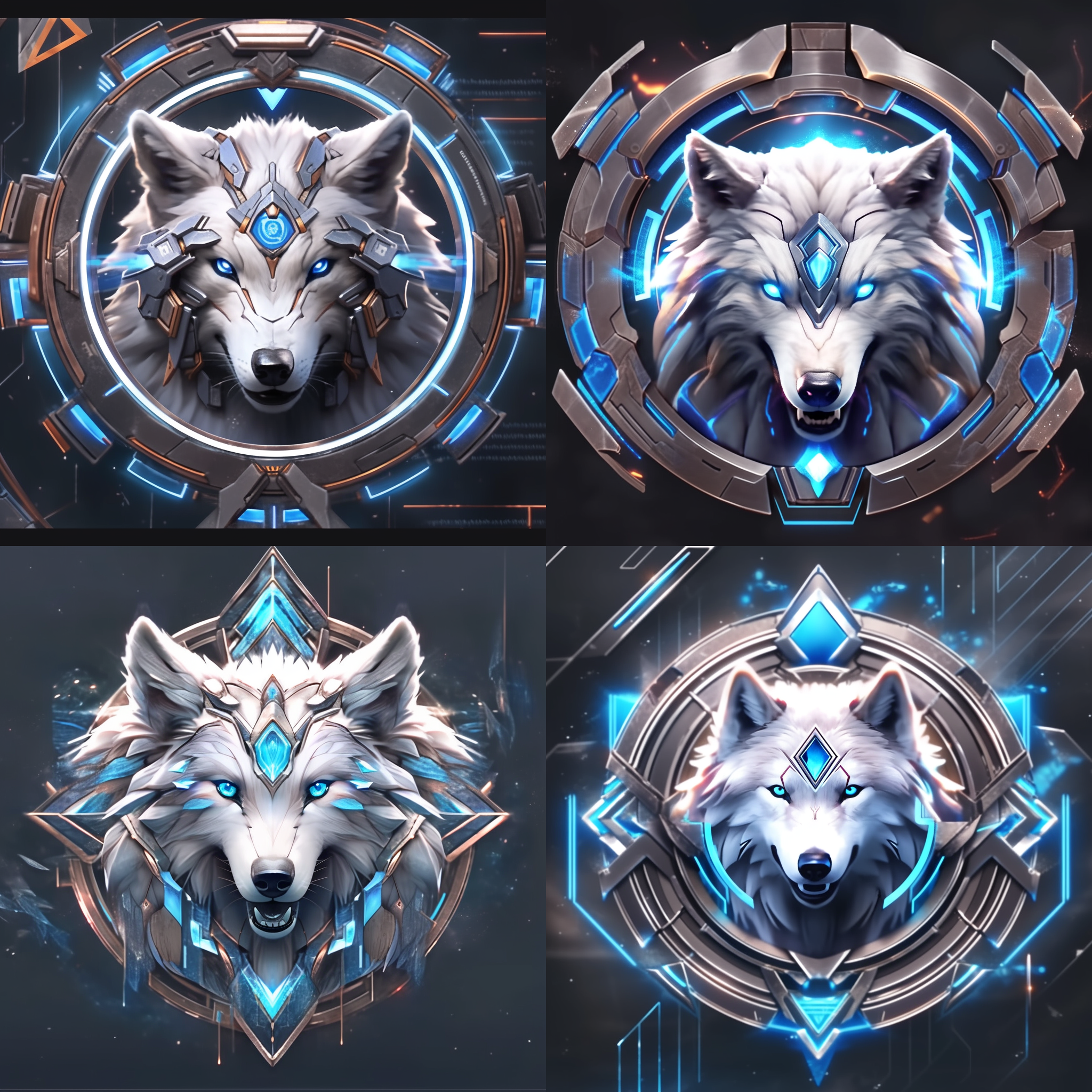 狼头勋章，未来科技风格，透明背景，蓝色色调，高对比度，机械纹理，立体感强烈，高清细节，霸气十足。